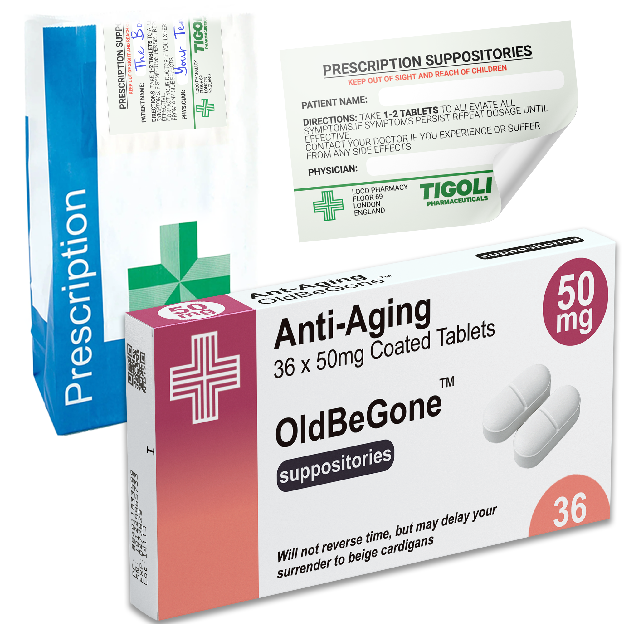 Anti-Aging Pill Medication Box Realistic Prescription Joke Gag Funny + Free Prescription Bag