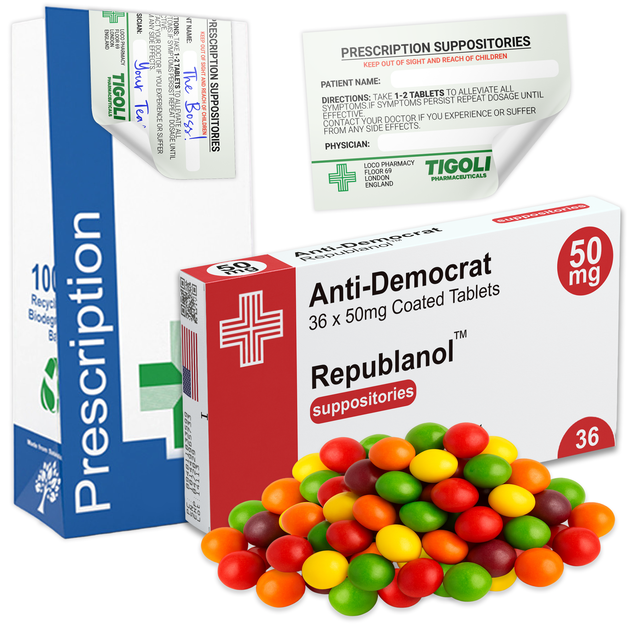 Anti-Democrat Republanol Prescription Joke Sweets, 36g | Vegan & Vegetarian
