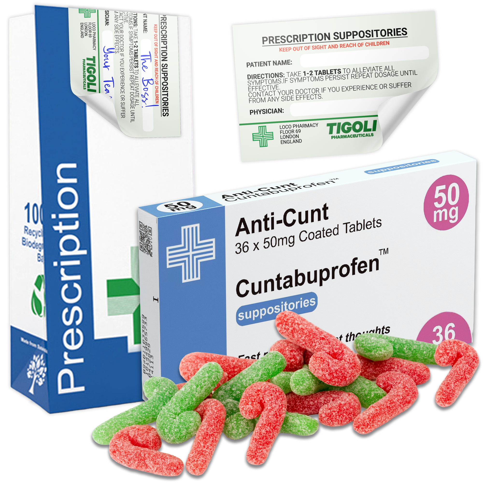 Caramelos de broma con receta médica anti-coños, 36 g | Veganos y vegetarianos