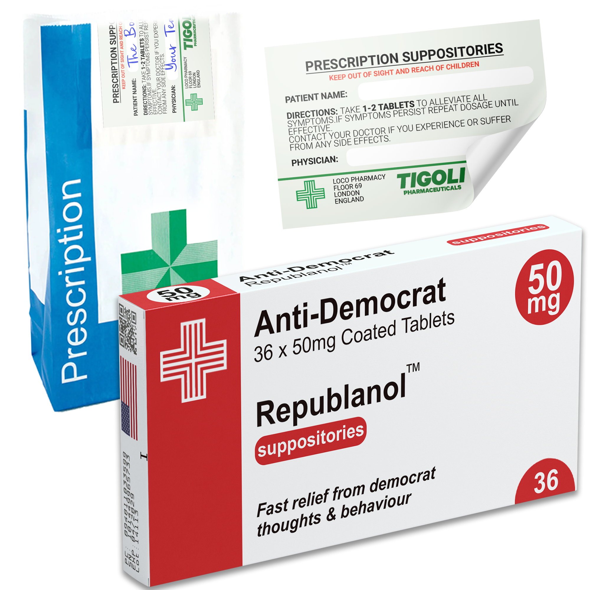 Anti-Democrat Pill Medication Box Realistic Prescription Joke Gag Funny + Free Prescription Bag