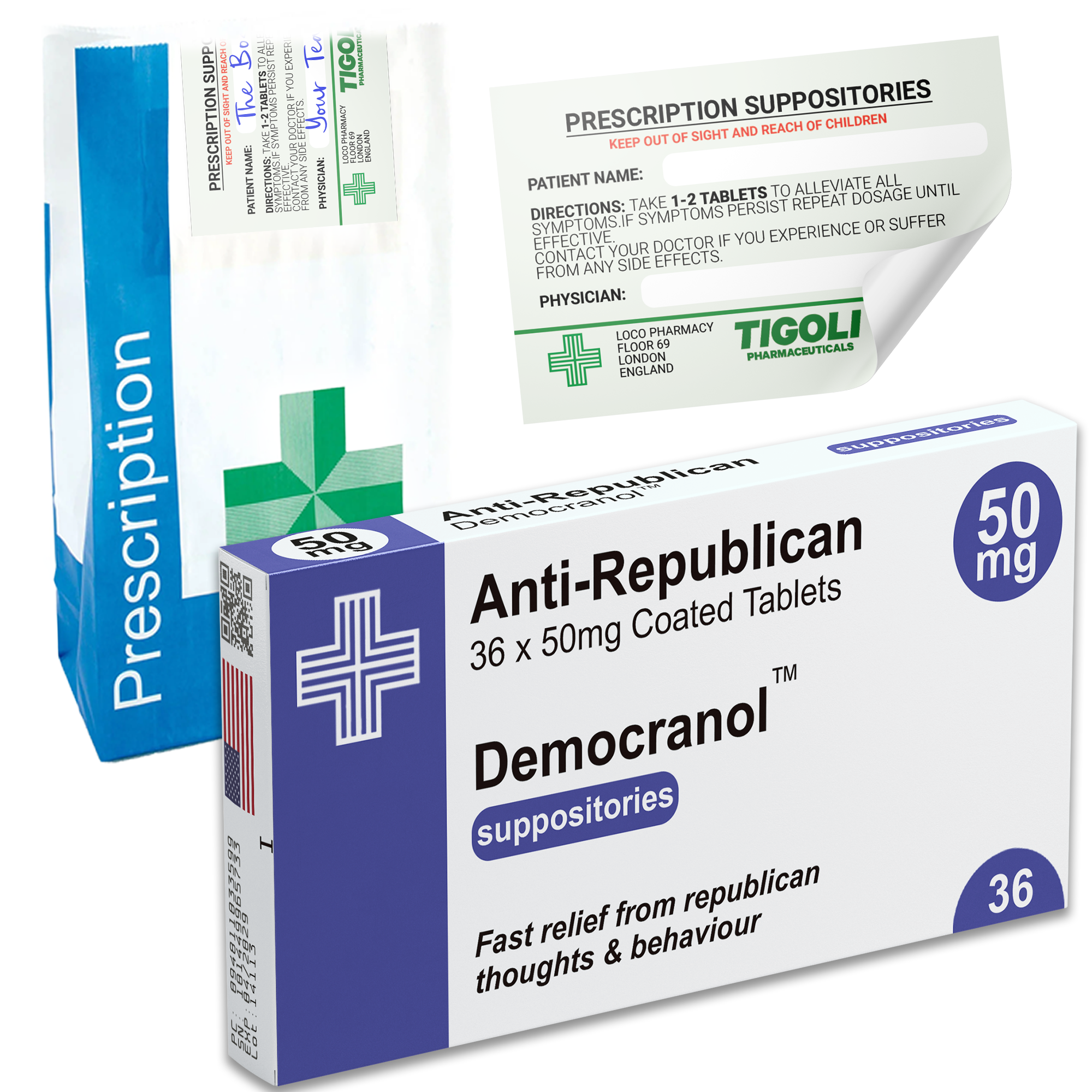 Anti-Republican Pill Medication Box Realistic Prescription Joke Gag Funny + Free Prescription Bag