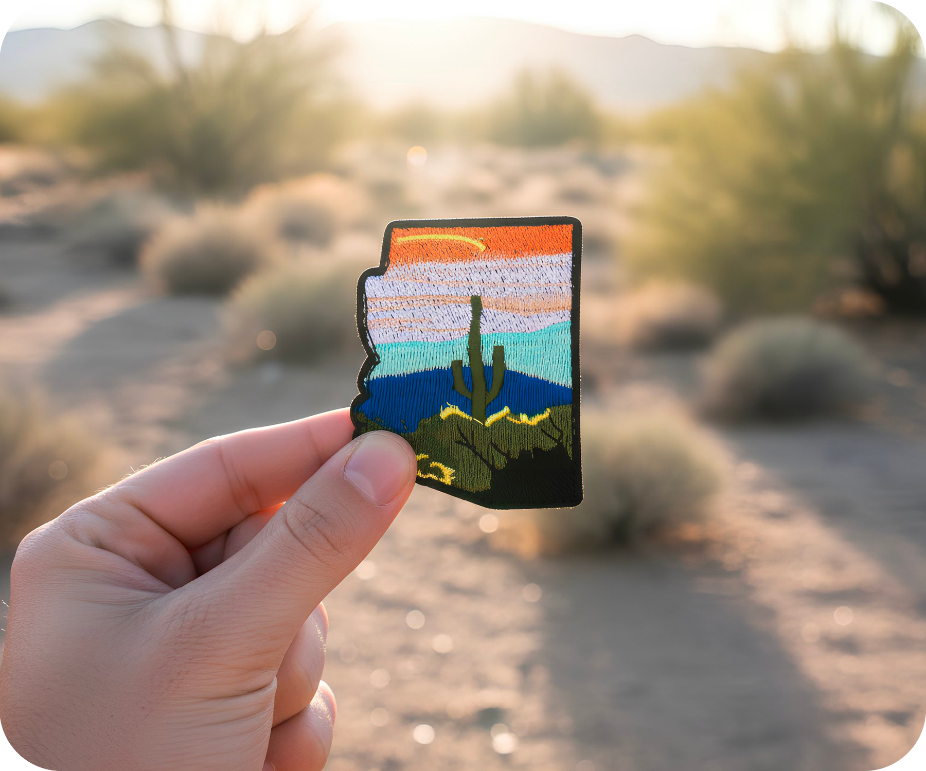 Arizona State Shape & Cactus Desert Iron On Patch (7 x 5.3cm)