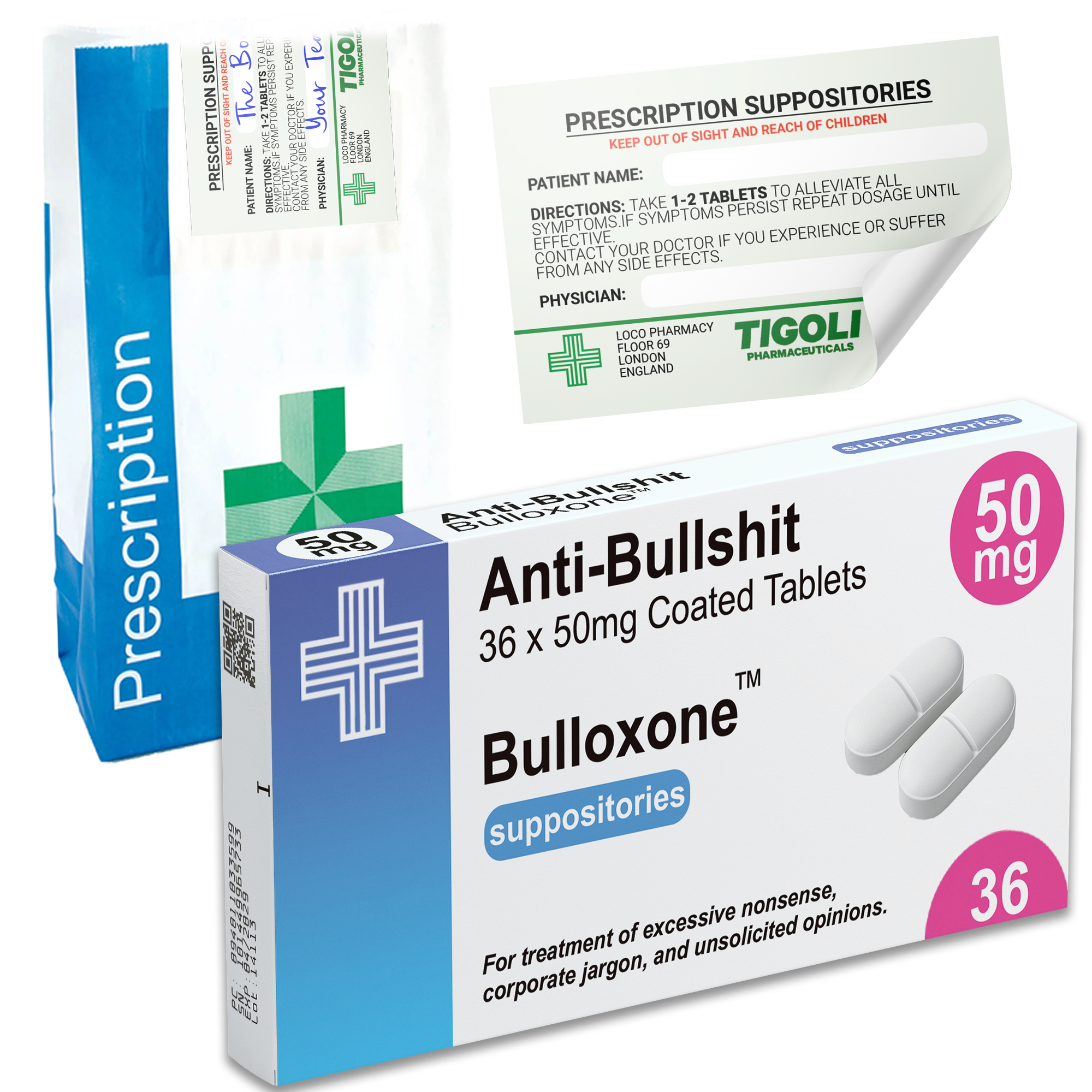 Anti-Bullshit Pill Medication Box Realistic Prescription Joke Gag Funny + Free Prescription Bag