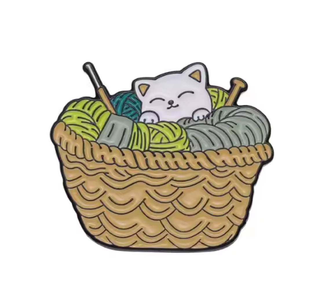Kitten In Wool Knitting Basket Pin Badge