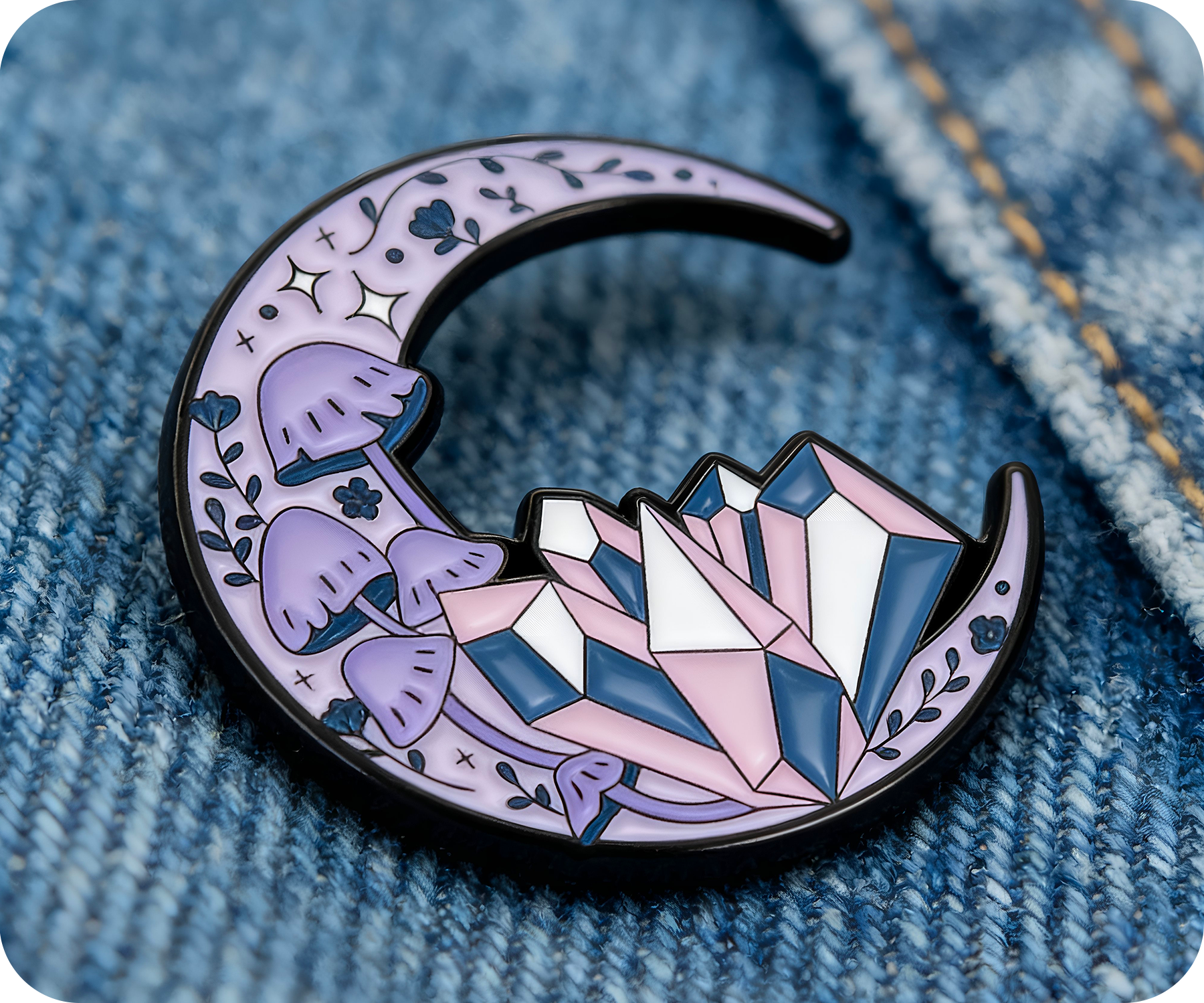 Crescent Crystal Moon Mushroom Spiritual Pin Badge