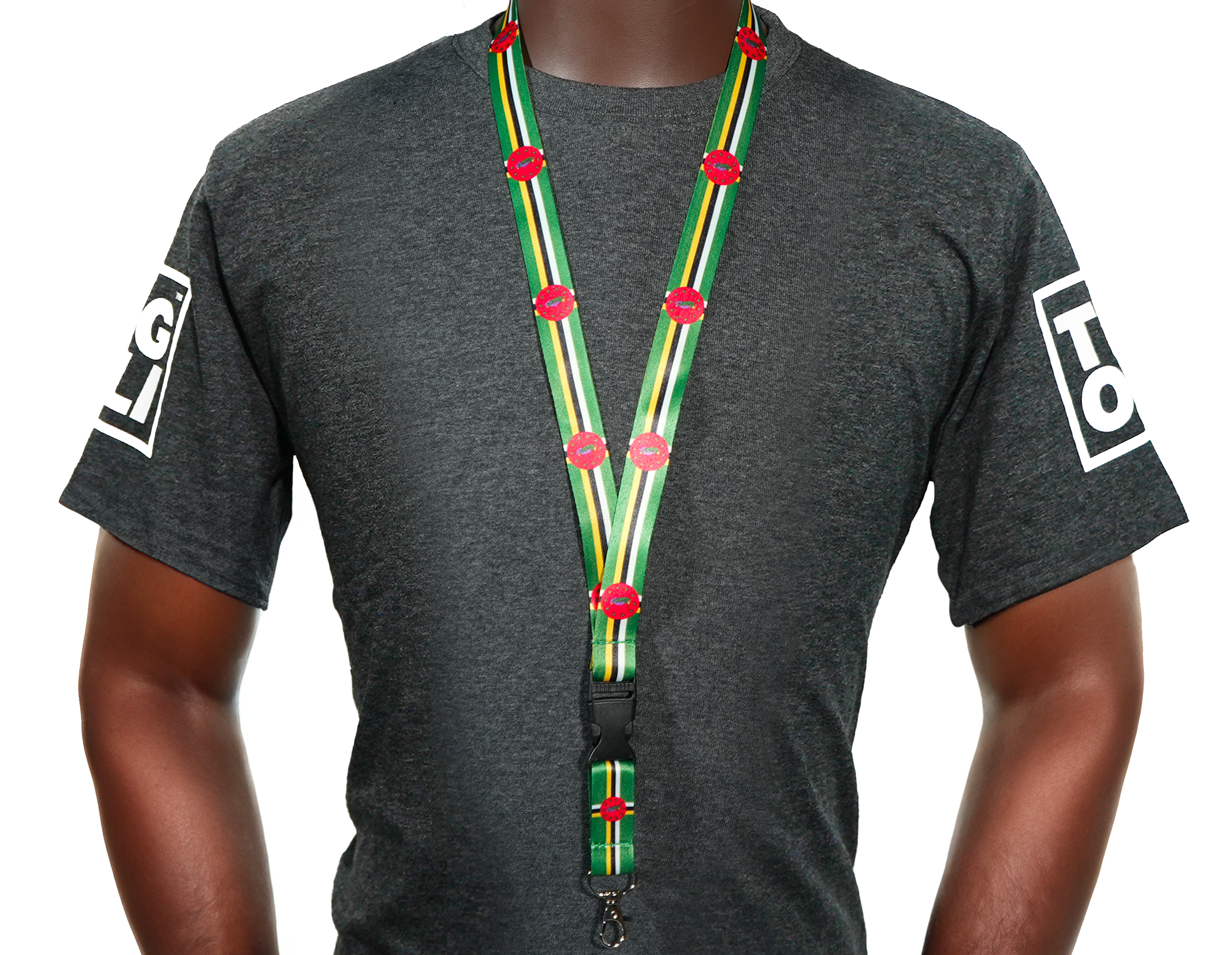 Dominica Flag Lanyard – Green, Yellow & Black Design with Coat of Arms and Parrot Crest
