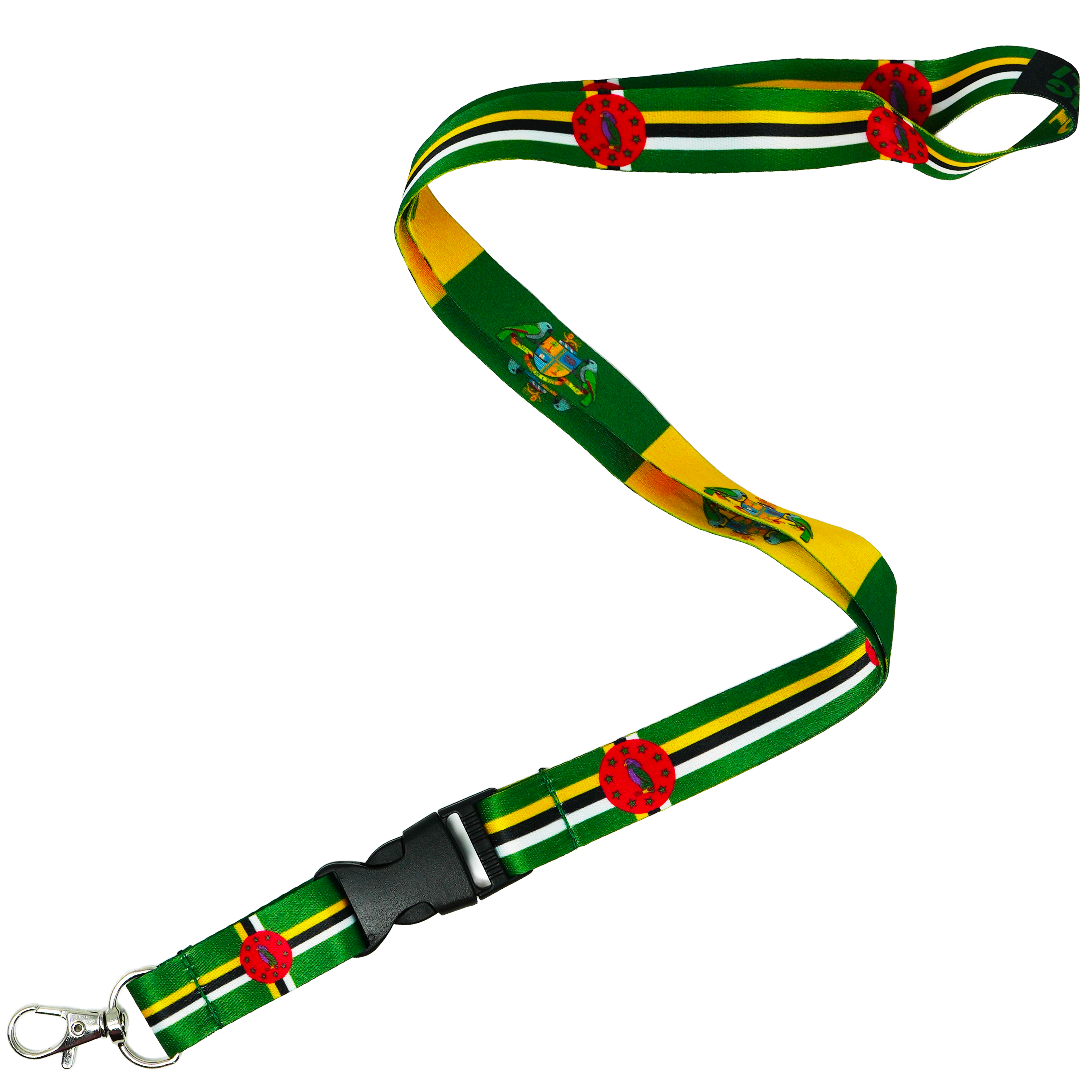 Dominica Flag Lanyard – Green, Yellow & Black Design with Coat of Arms and Parrot Crest