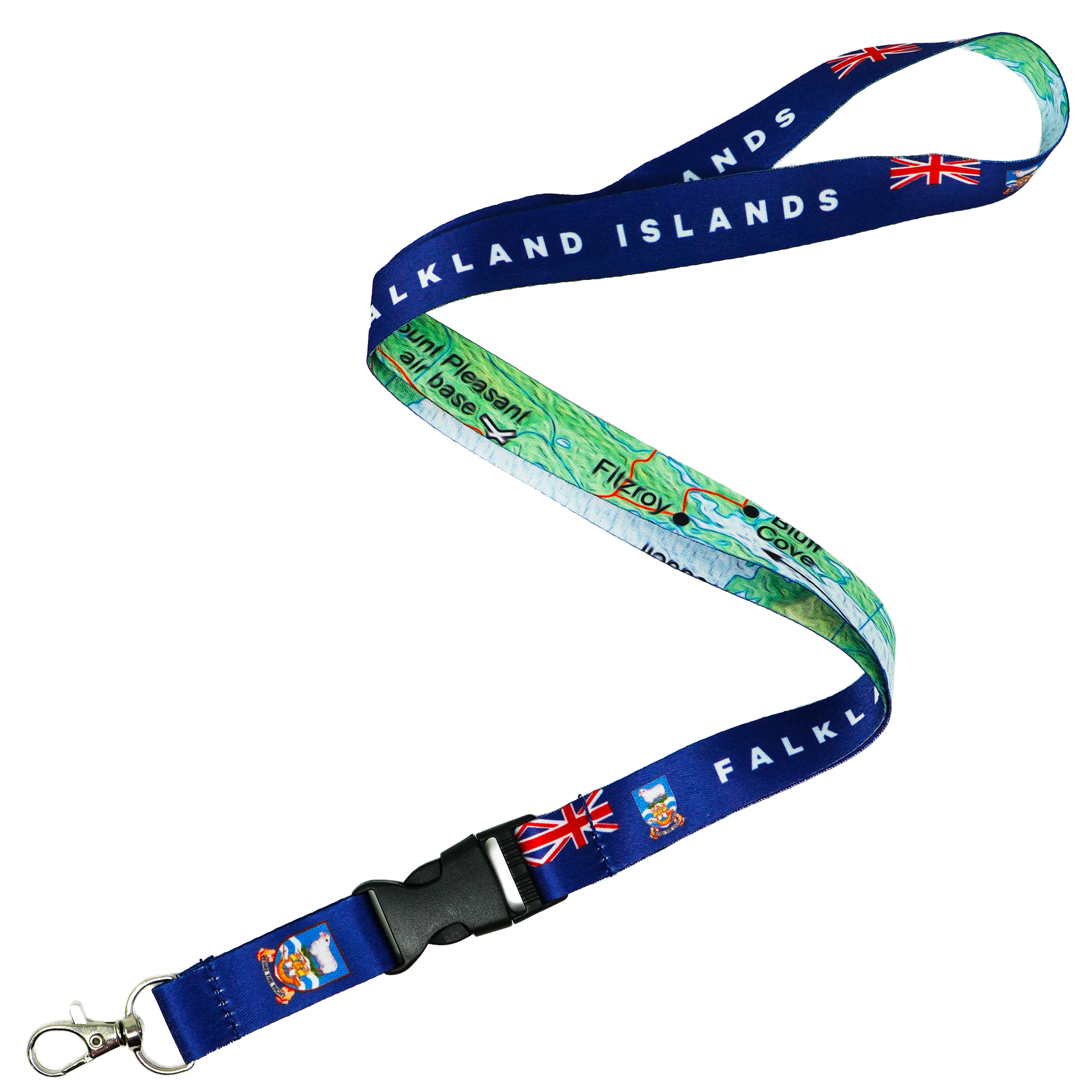 Falkland Islands Lanyard – Blue & Green Map Design with Union Jack and Island Crest