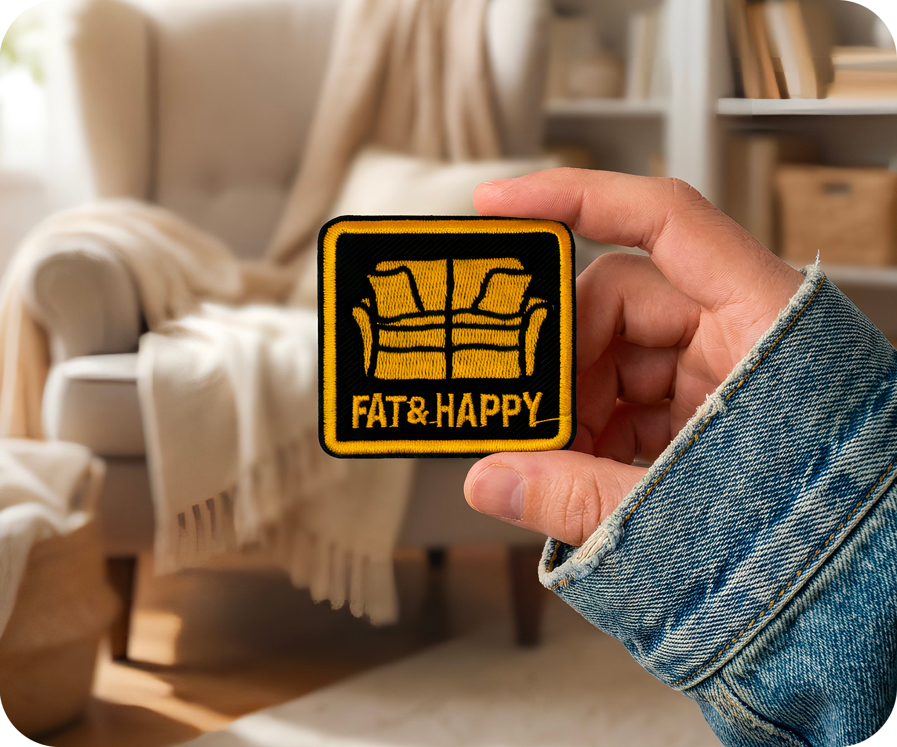Fat & Happy Funny Couch Sofa Iron On Patch (6 x 5.5cm)