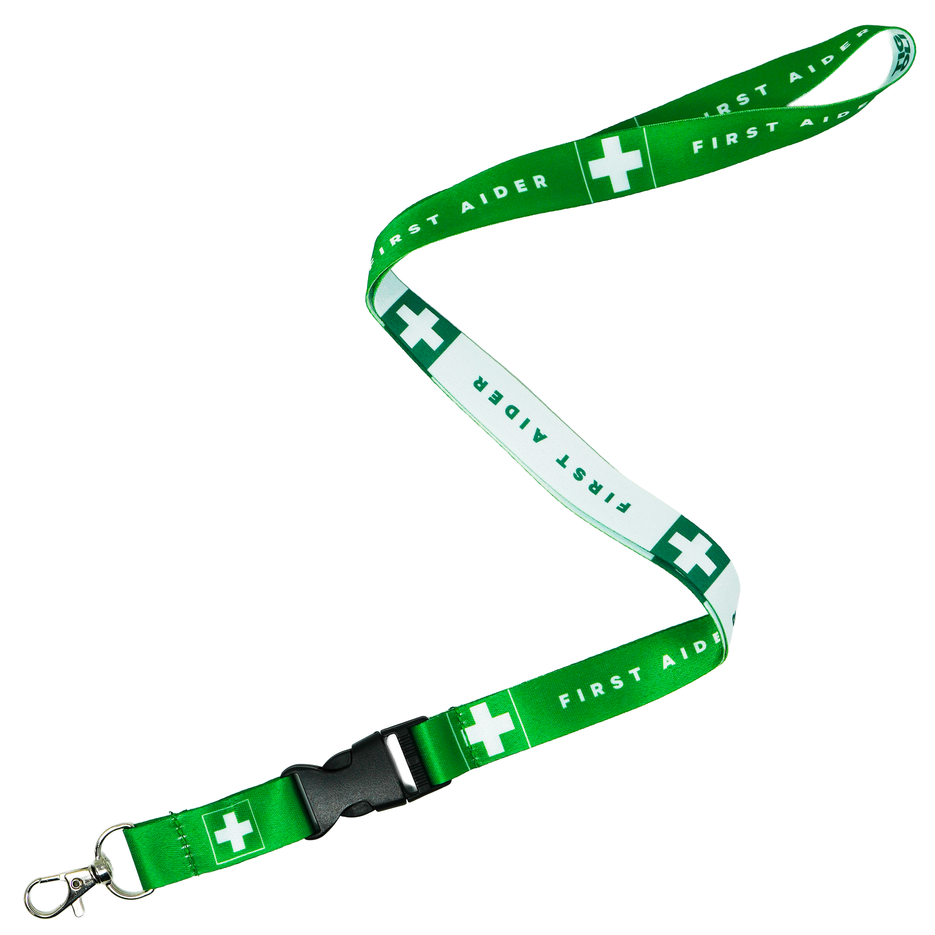 First Aider Lanyard – Green & White Safety Neck Strap with Medical Cross Symbol