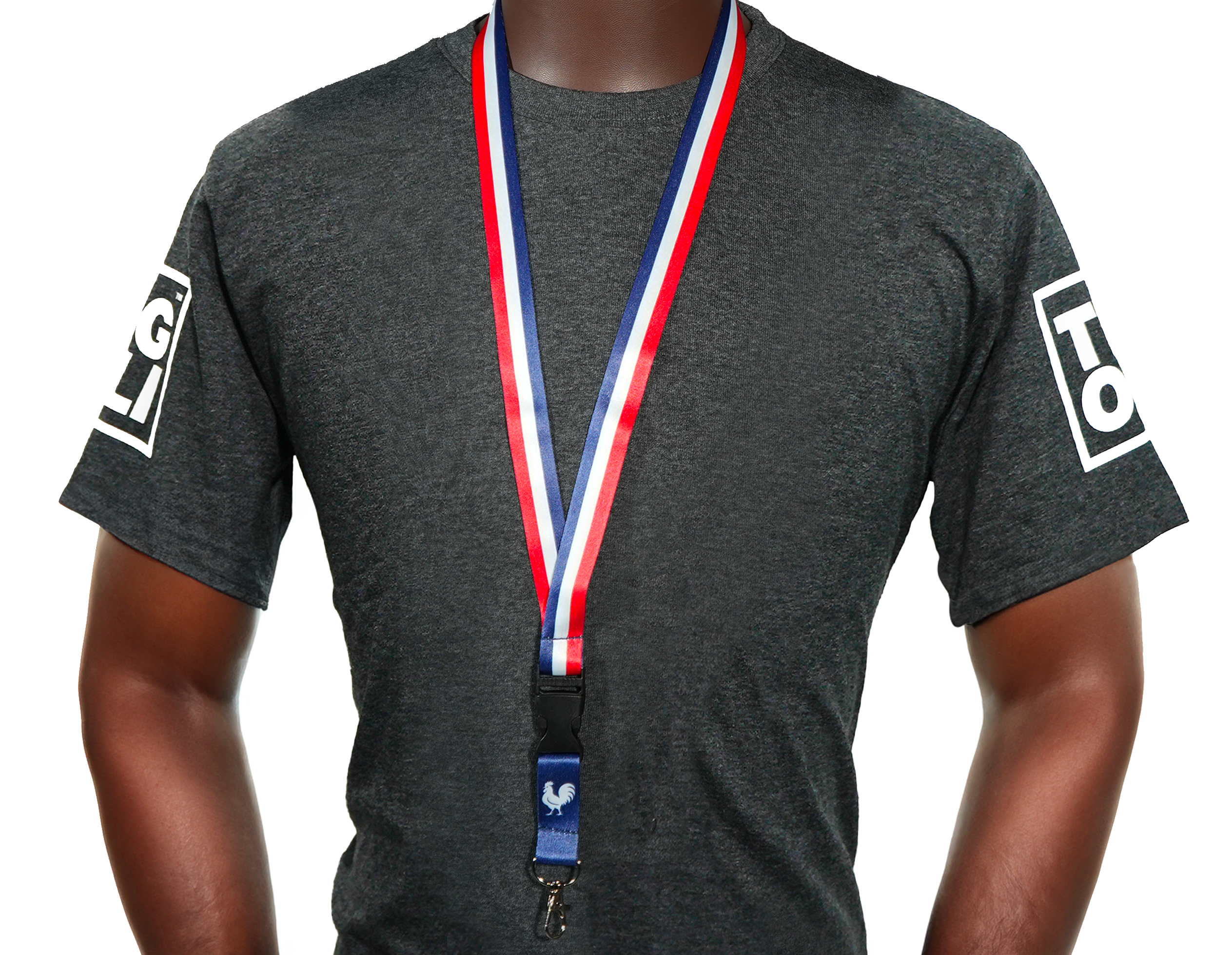 France Flag Lanyard – Tricolour Blue, White & Red with Gallic Rooster Emblem