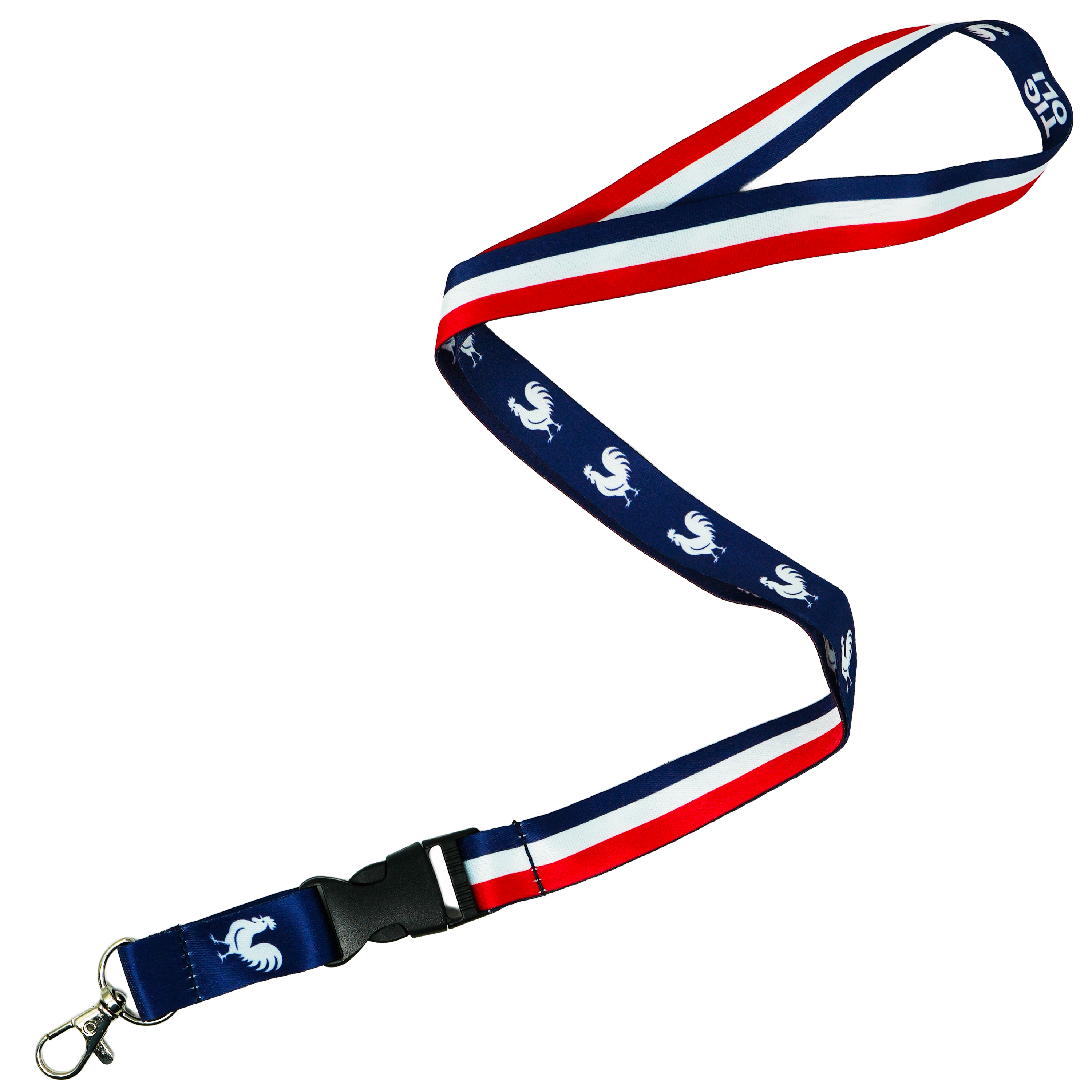 France Flag Lanyard – Tricolour Blue, White & Red with Gallic Rooster Emblem