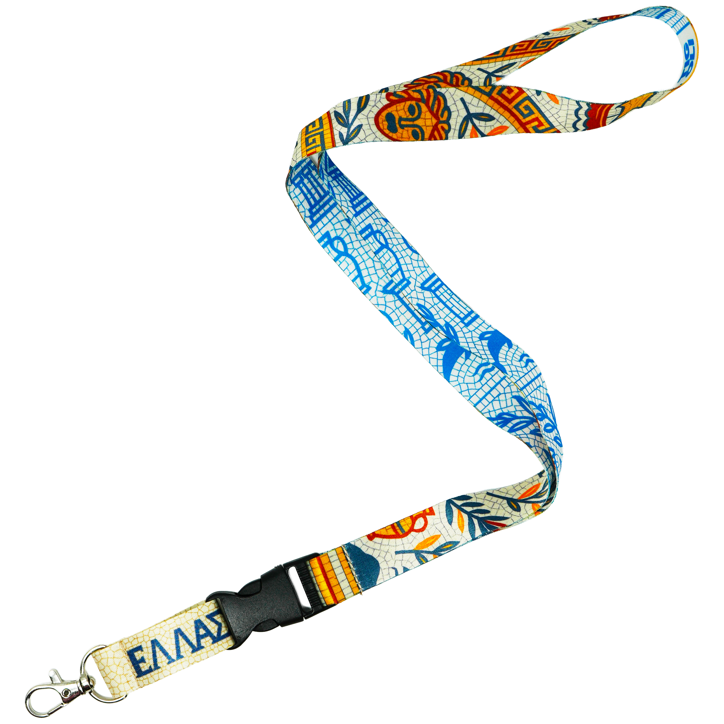 Greece Lanyard – Greek Mosaic “Ελλάς” Design with Olive Branch & Blue Meander Pattern