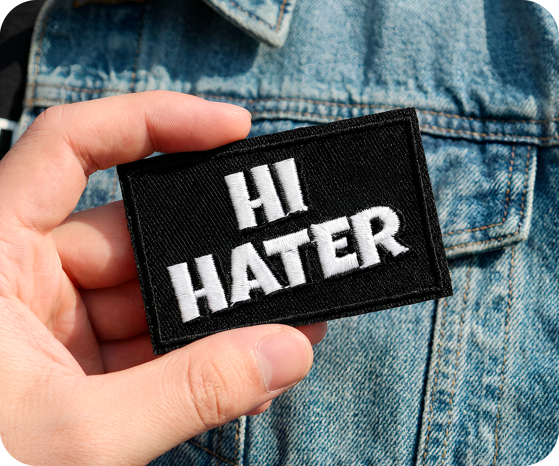 Hi Hater Black Iron On Patch (7.8 x 5cm)