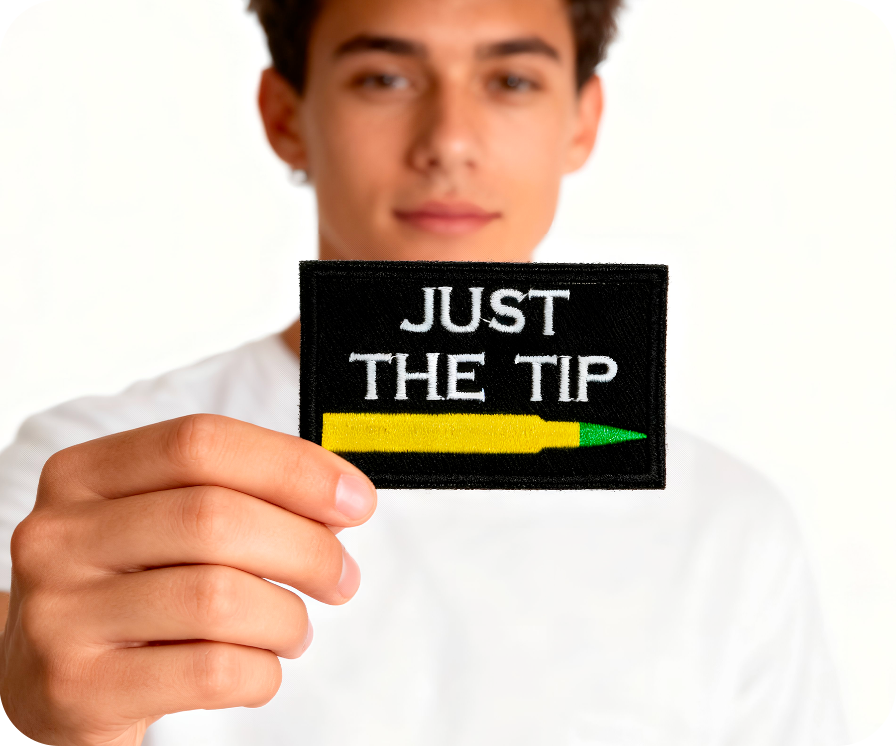 Just The Tip Bullet Funny Black Iron On Patch (7.8 x 5cm)