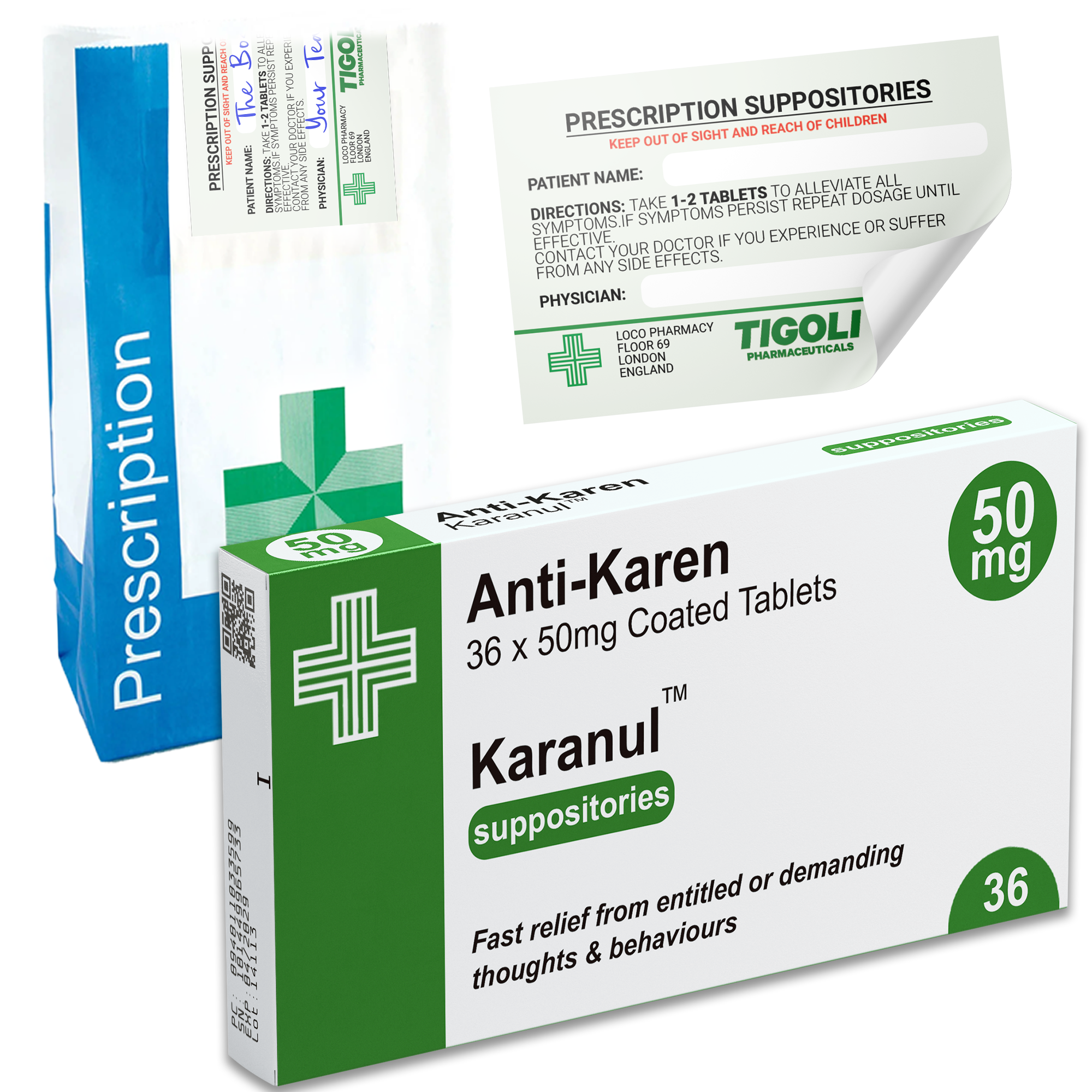 Anti-Karen (Karanul) Pill Medication Box Realistic Prescription Joke Gag Funny + Free Prescription Bag