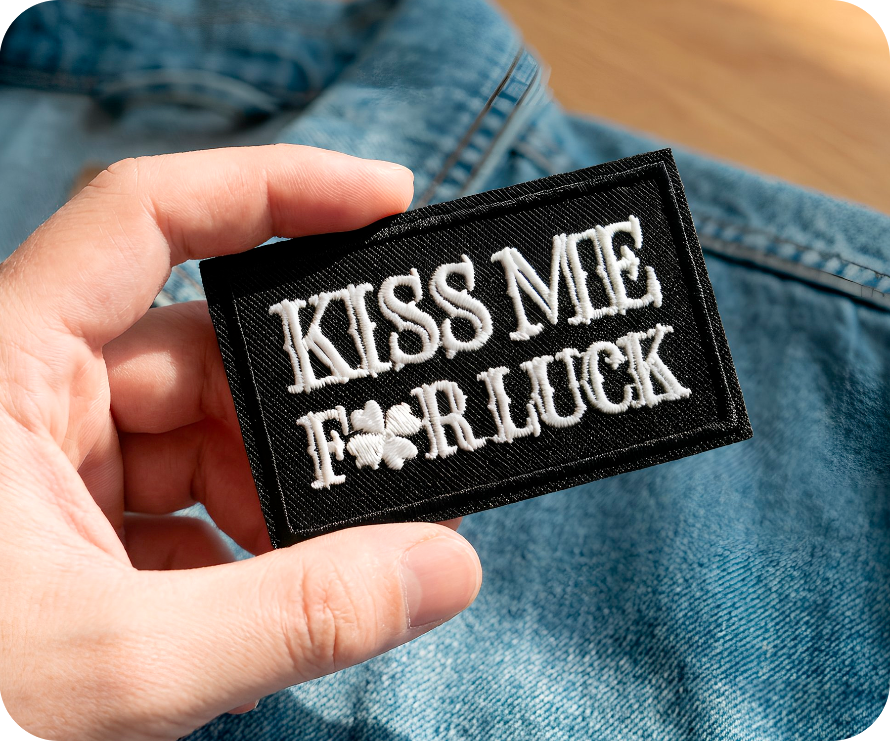 Kiss Me For Luck Irish Shamrock Clover Black Iron On Patch (7.8 x 5cm)