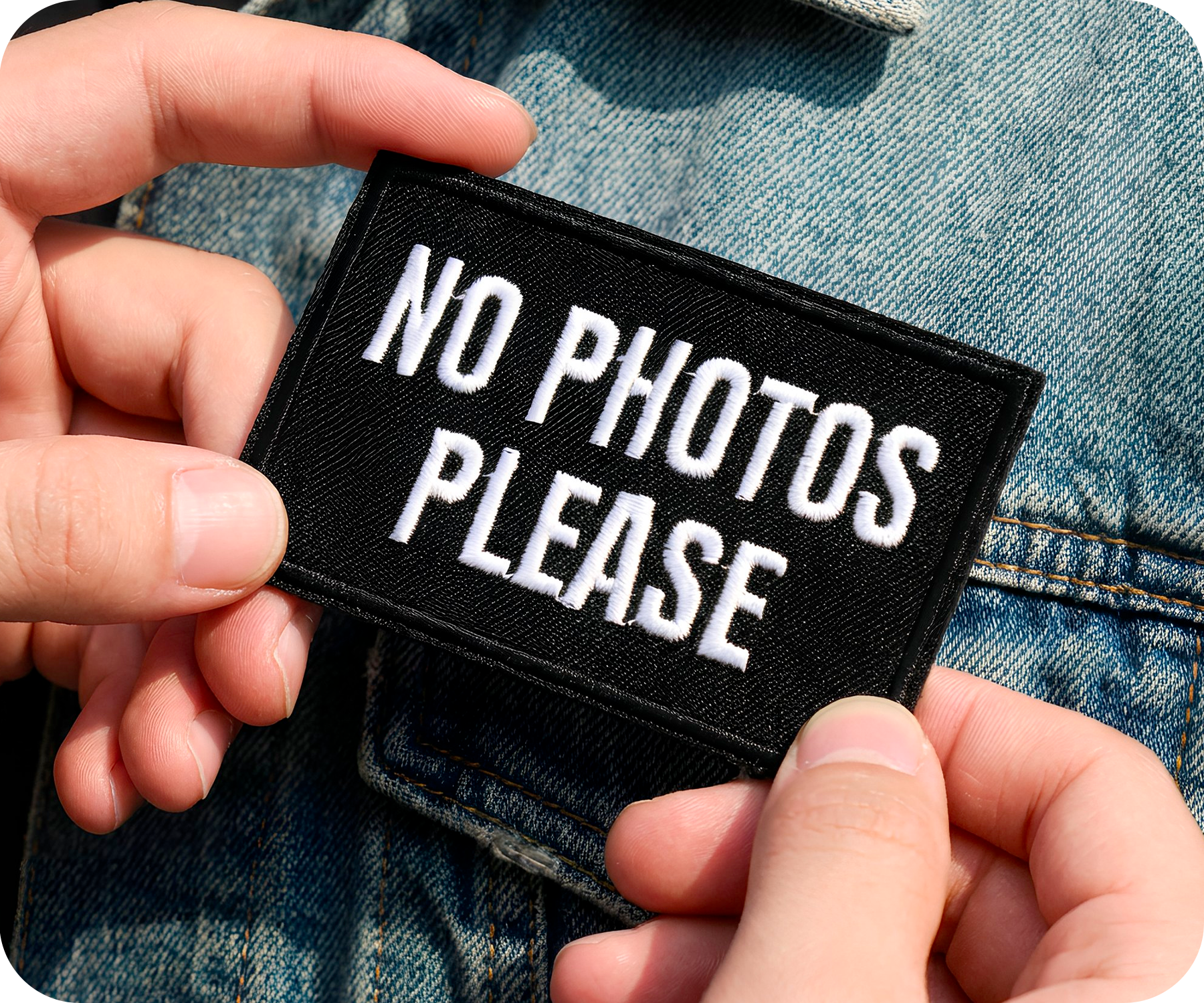 No Photos Please Black Iron On Patch (7.8 x 5cm)