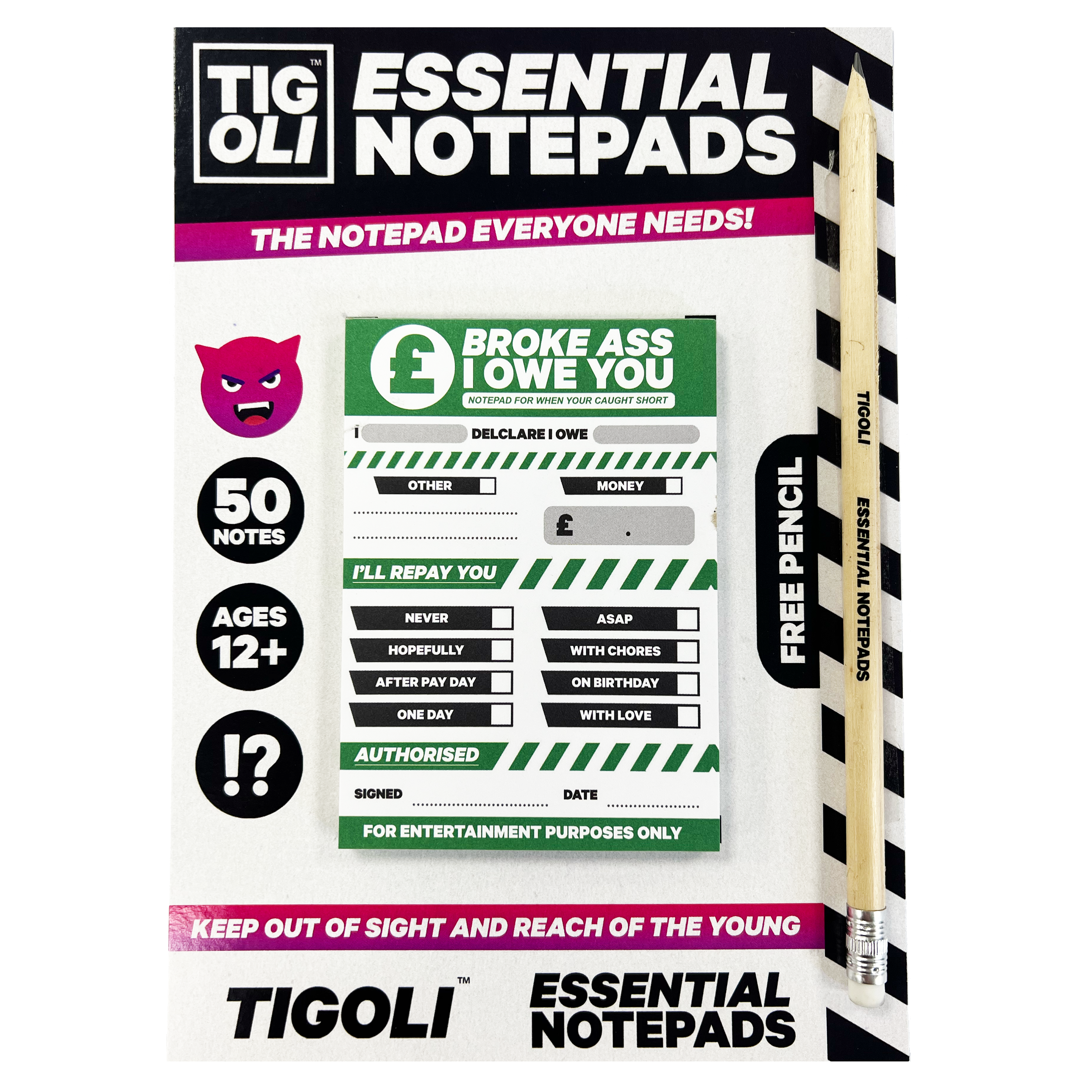 Broke Ass I Owe You Funny IOU Notepad with 50 Notes & Free Pencil