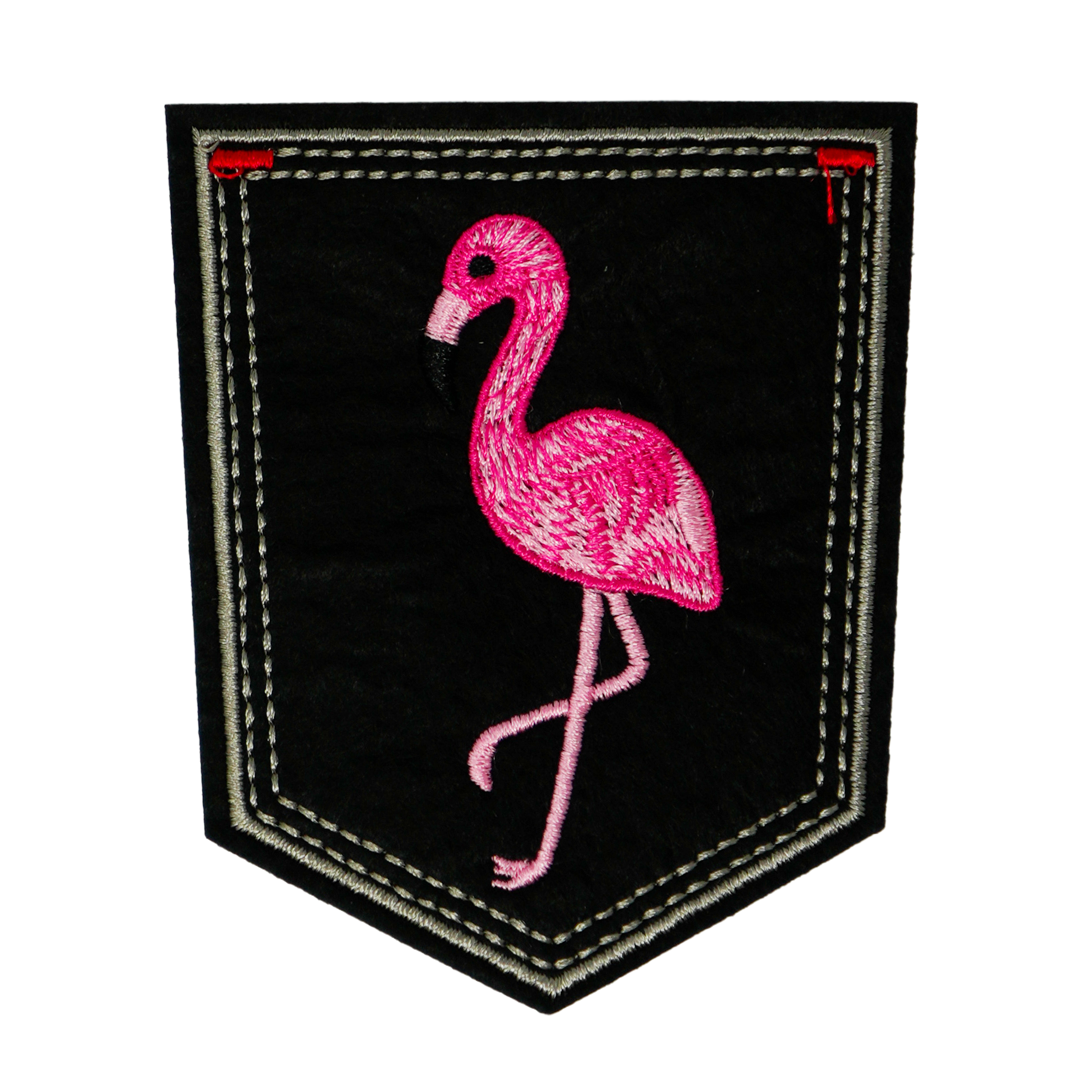 Pink Flamingo Shield Black Iron On Patch (9 x 7.5cm)