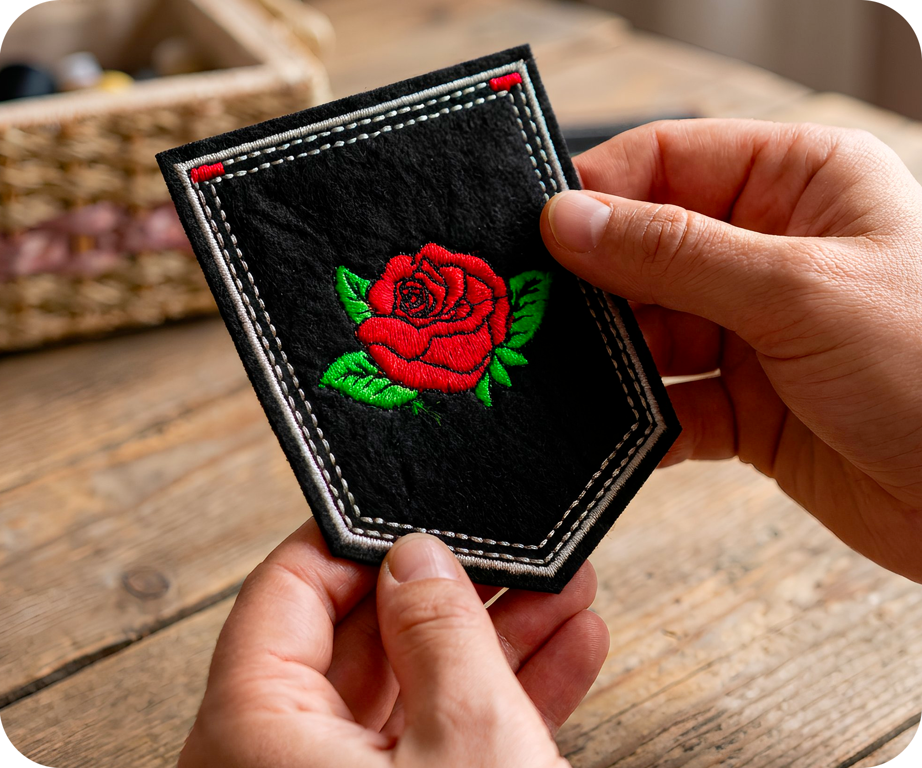 Red Rose Bud Flower Shield Black Iron On Patch (9 x 7.6cm)