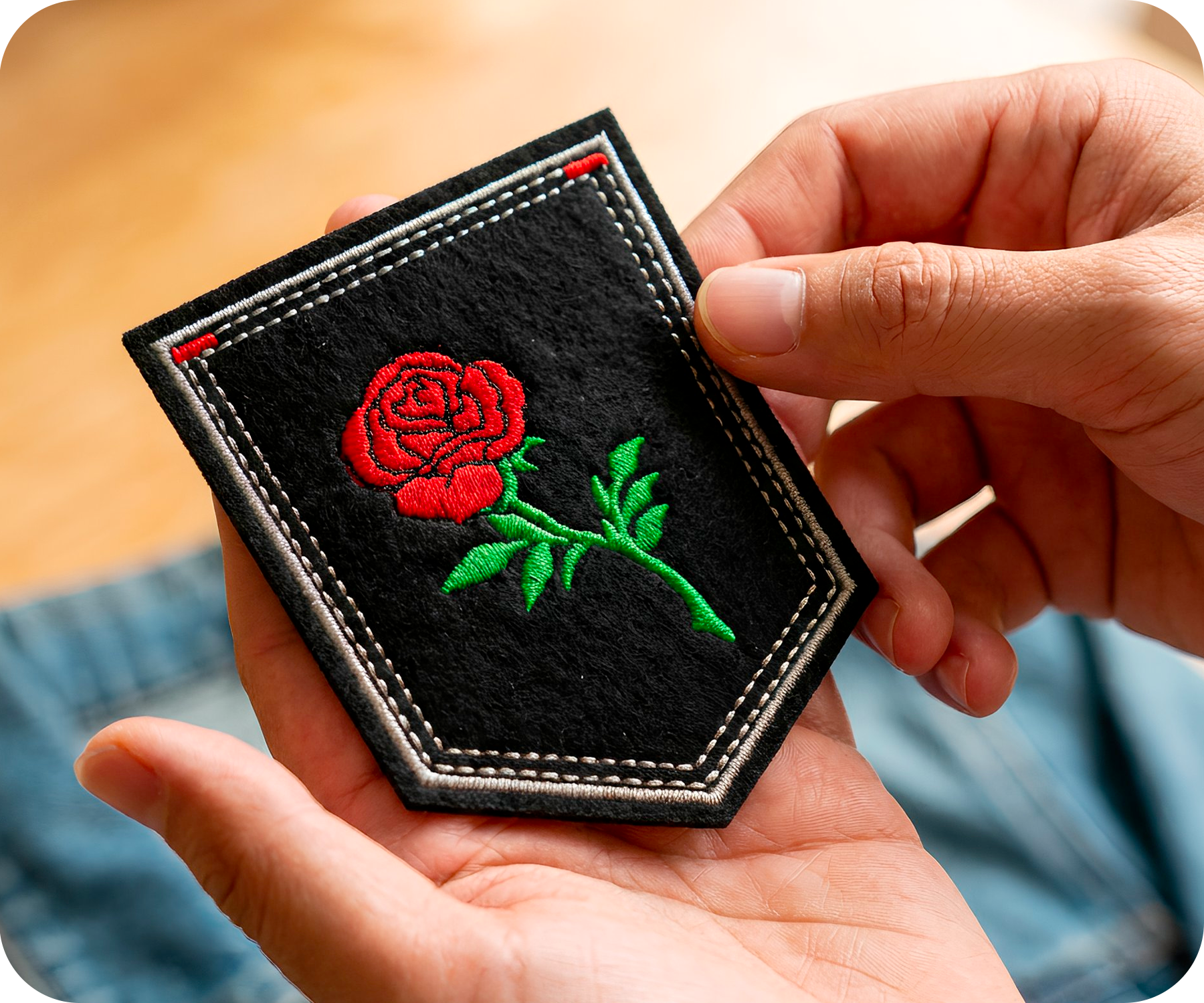 Red Rose Small On Stem & Black Shield Iron On Patch (9 x 7.6cm)