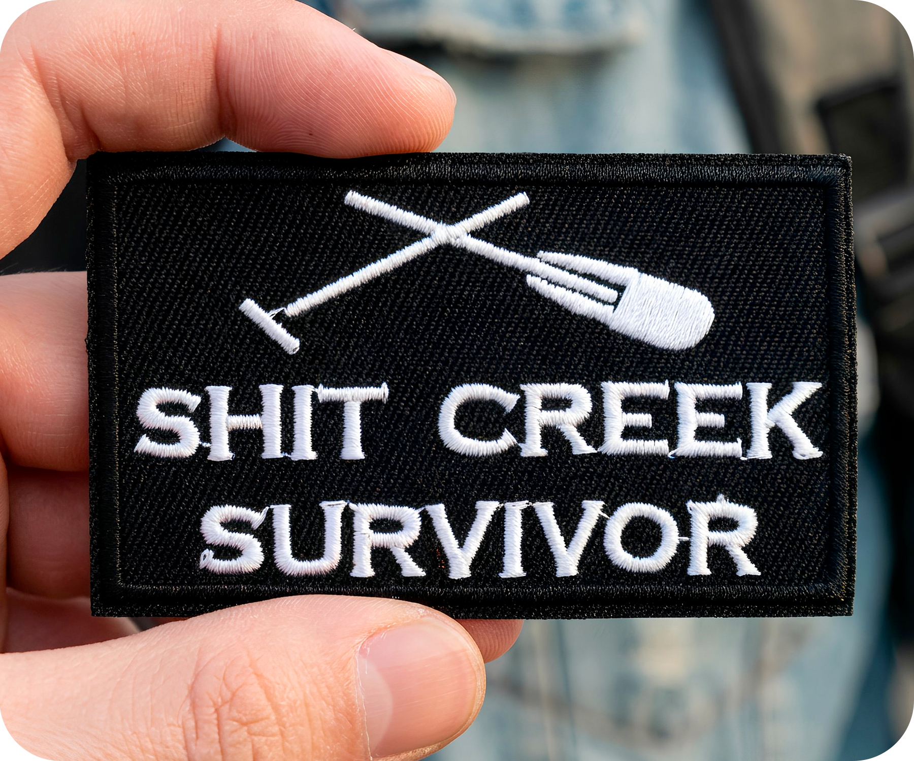 Shit Creeks Survivor Black Iron On Patch (7.8 x 5cm)