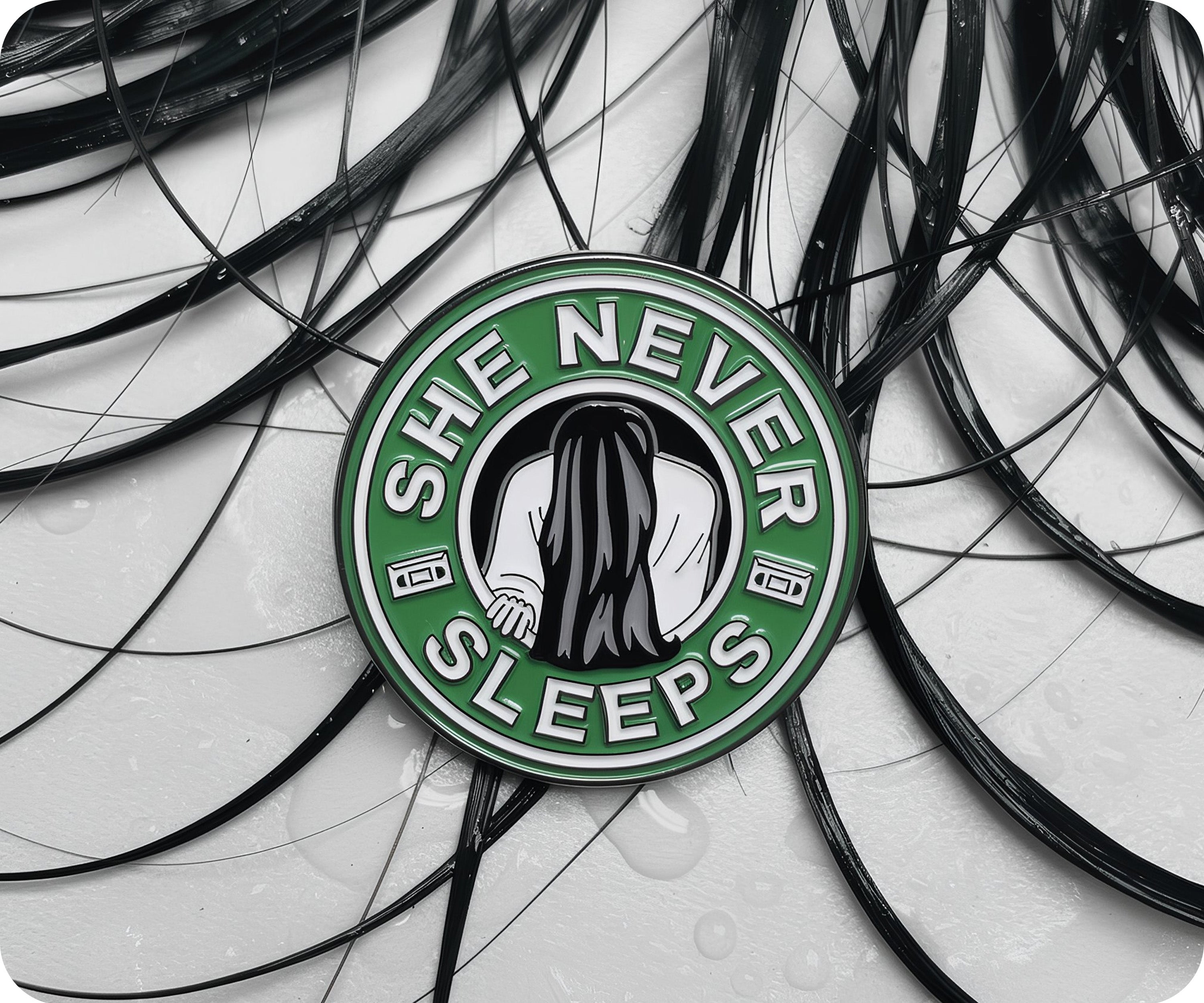 She Never Sleeps Coffee Horror Pin Badge