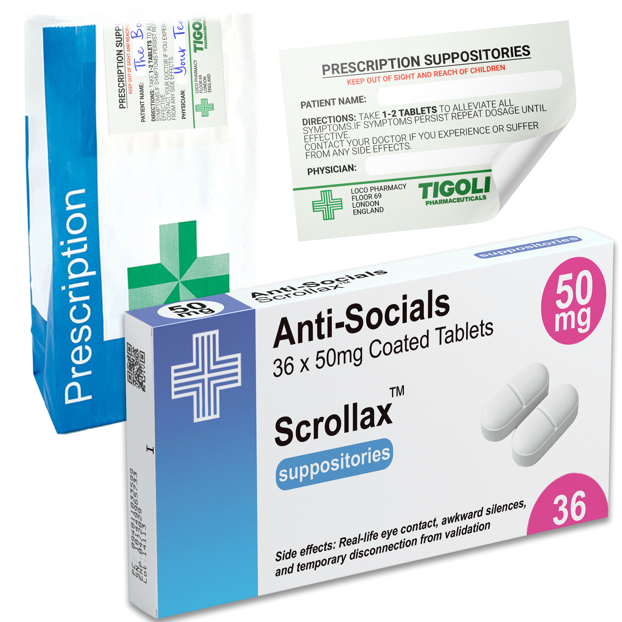 Anti-Socials Pill Medication Box Realistic Prescription Joke Gag Funny + Free Prescription Bag