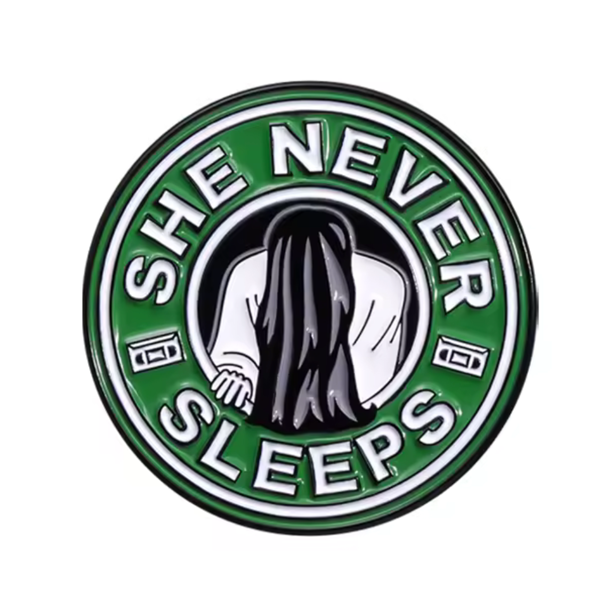 She Never Sleeps Coffee Horror Pin Badge