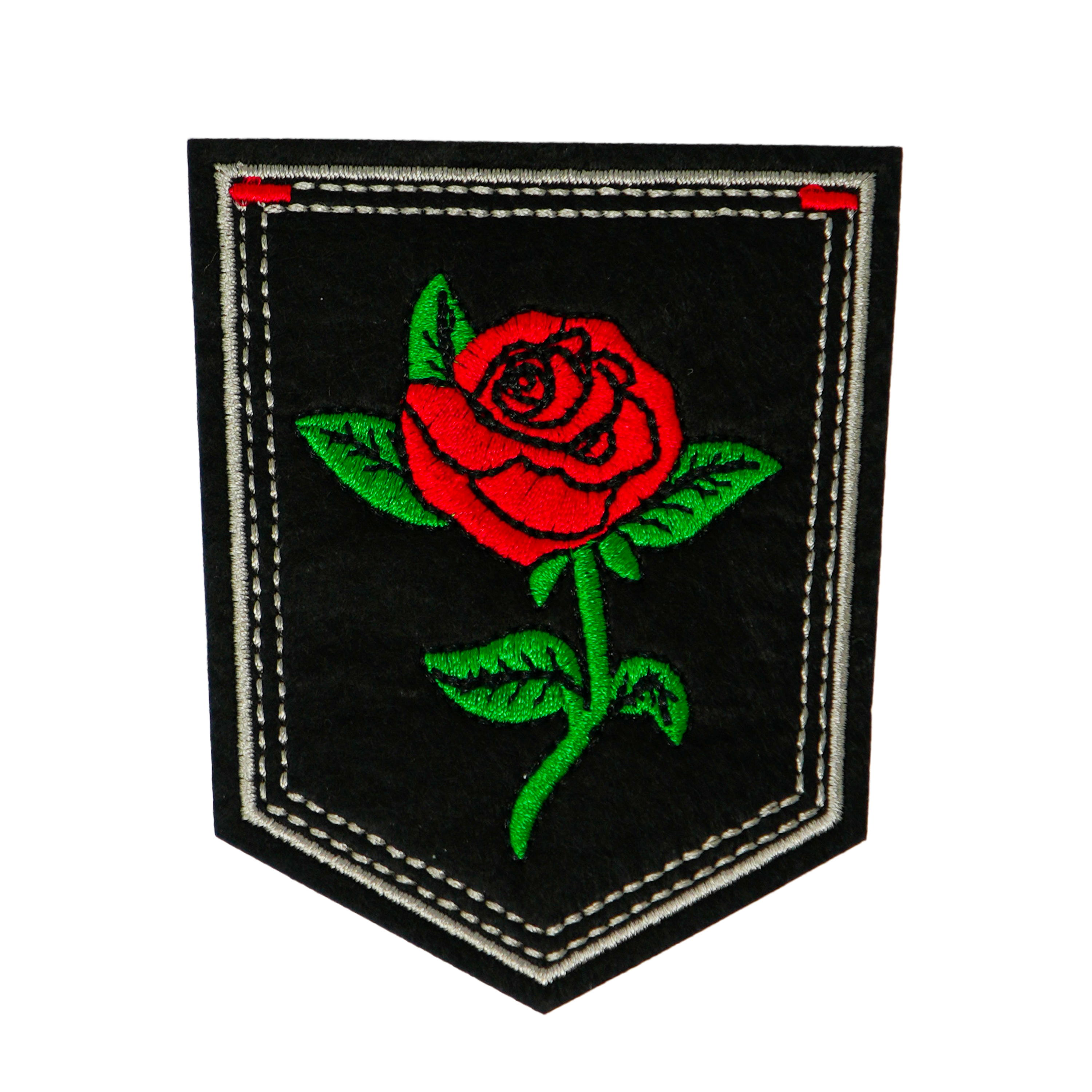 Red Rose Large On Stem & Black Shield Iron On Patch (9 x 7.6cm)