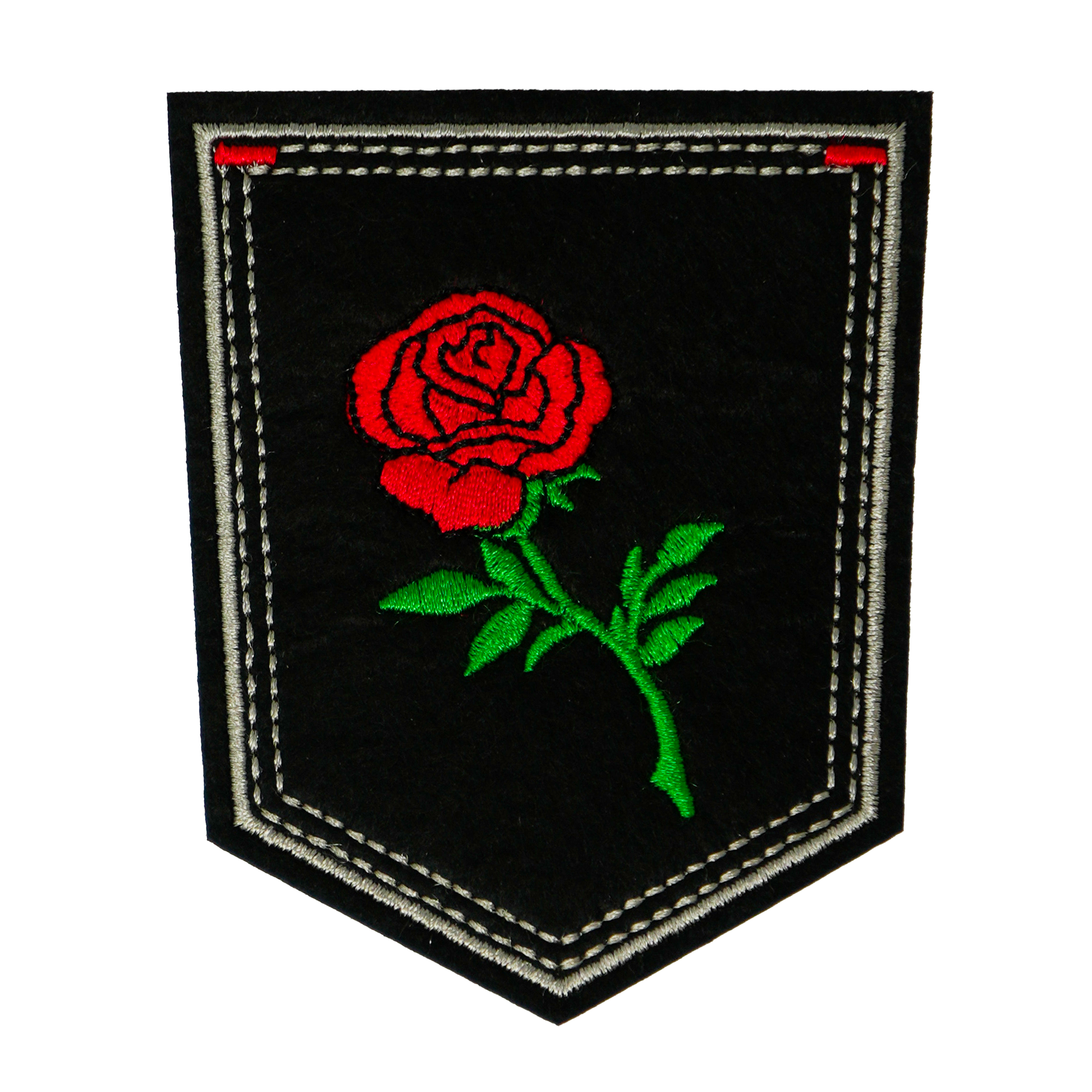 Red Rose Small On Stem & Black Shield Iron On Patch (9 x 7.6cm)