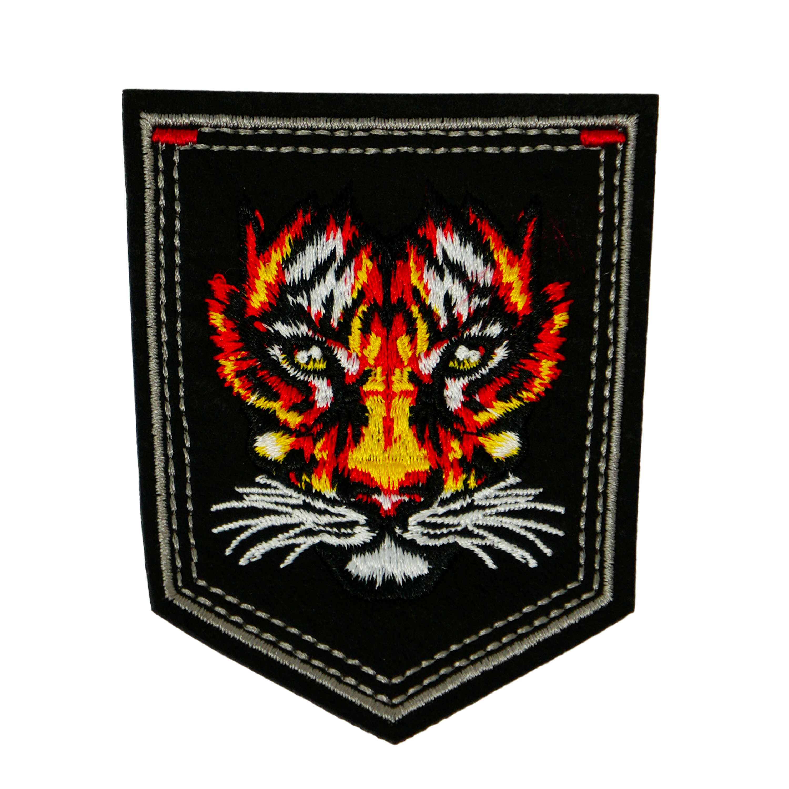 Tiger Face On Black Shield Iron On Patch (9 x 7.6cm)