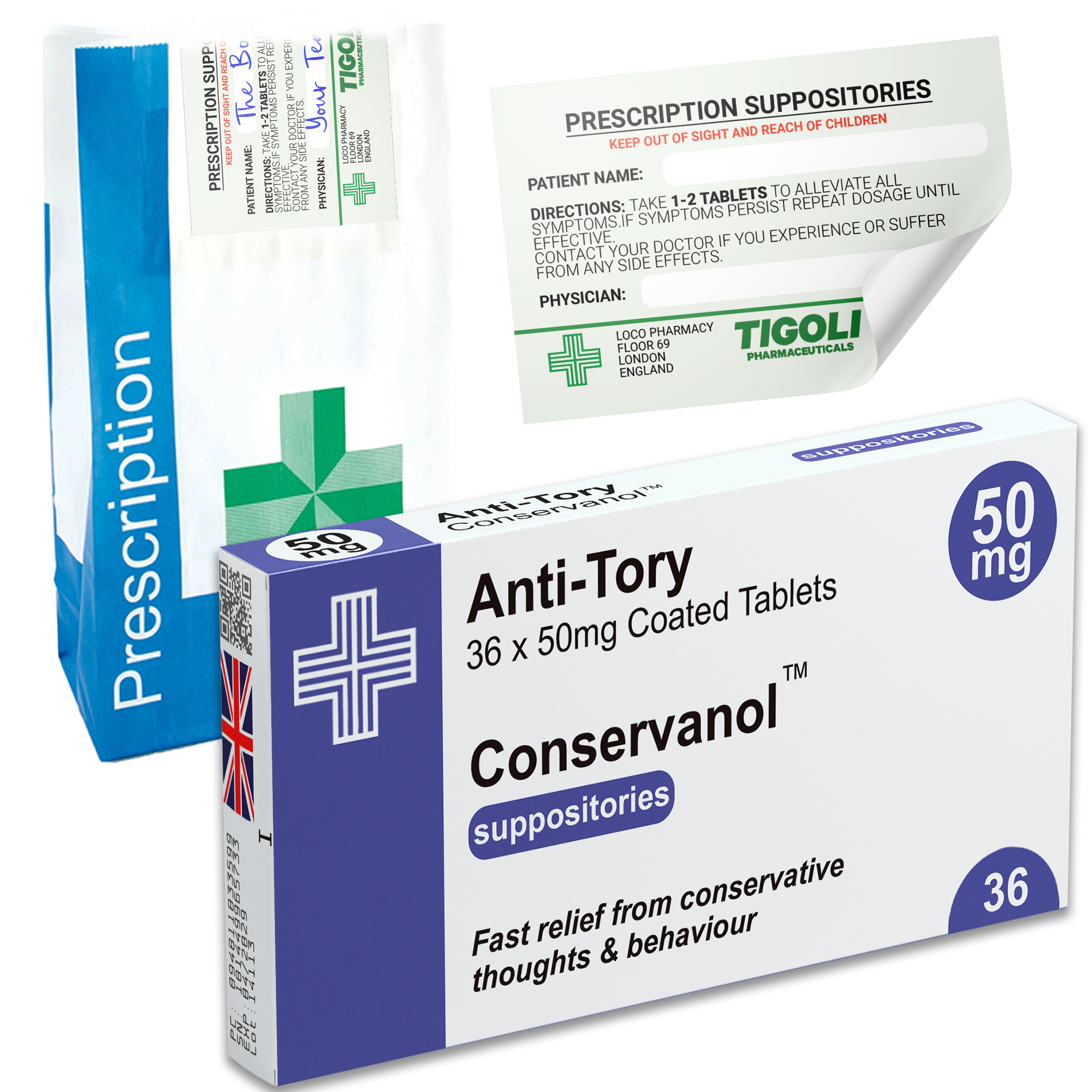 Anti-Tory Conservative Pill Medication Box Realistic Prescription Joke Gag Funny + Free Prescription Bag