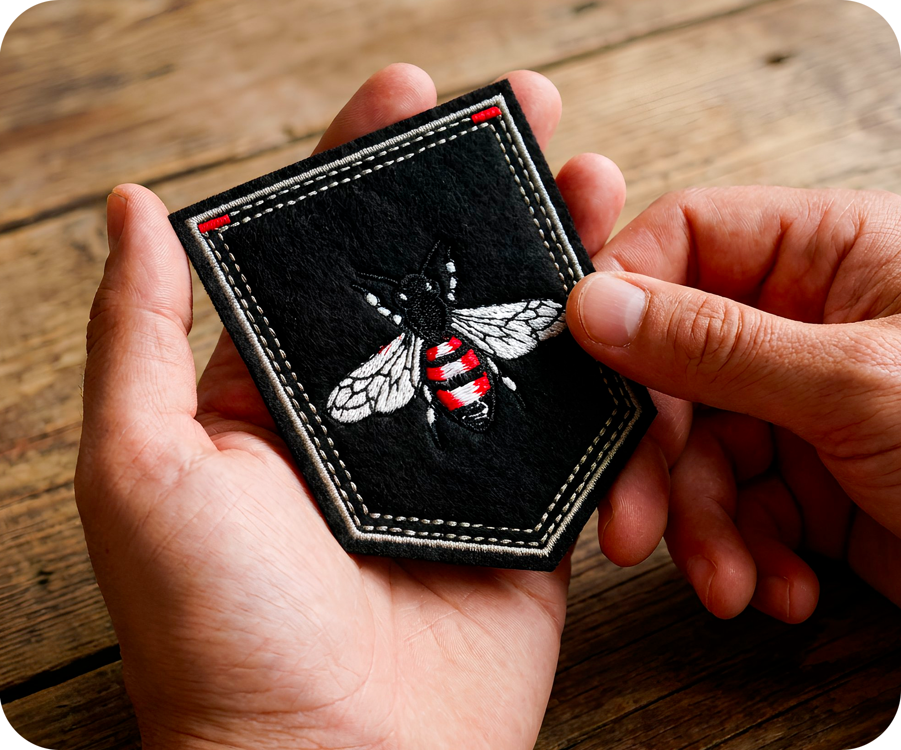 Red Bumblebee On Black Shield Iron On Patch (9 x 7.5cm)