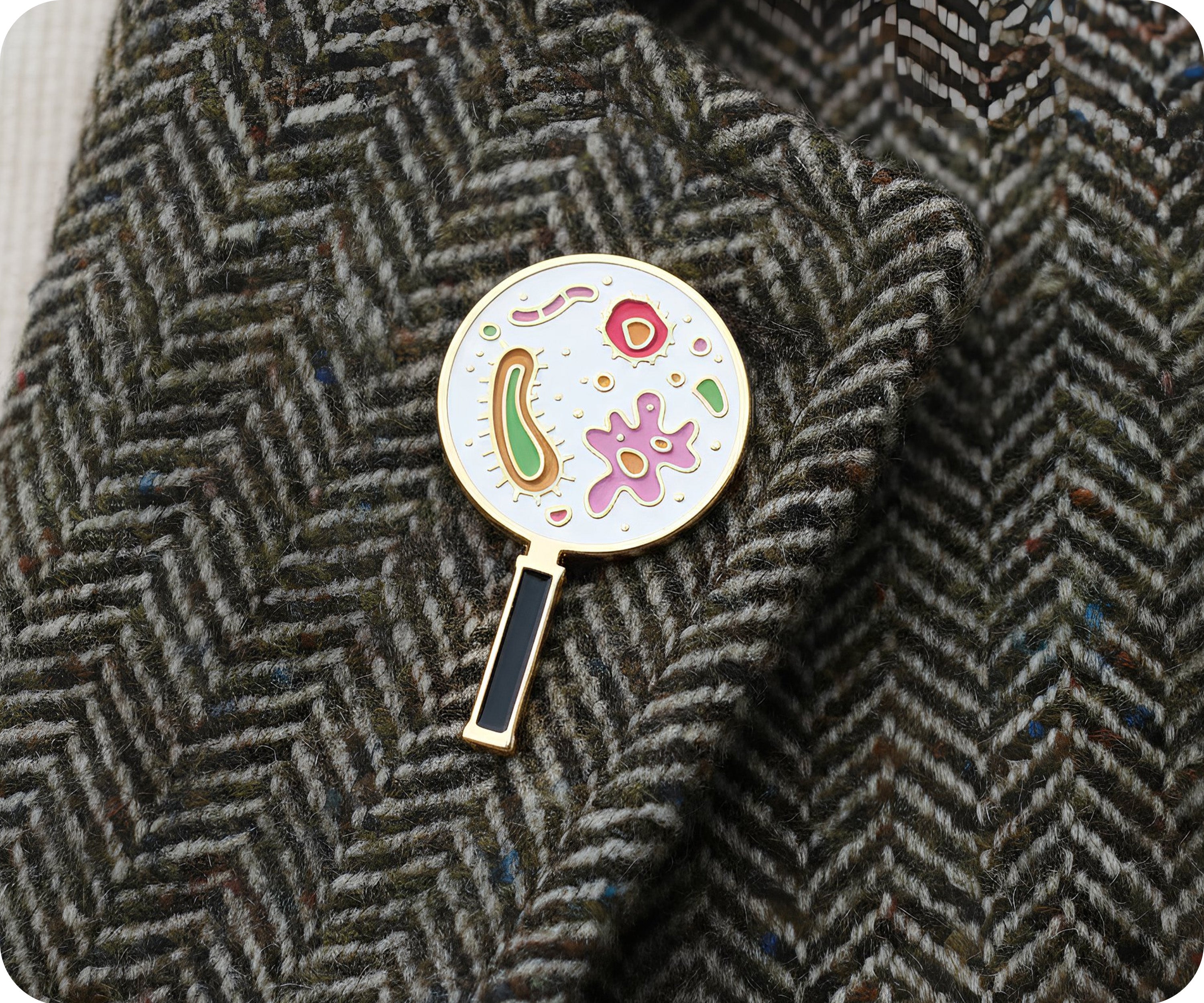 Magnifying Glass Microbes Pin Badge