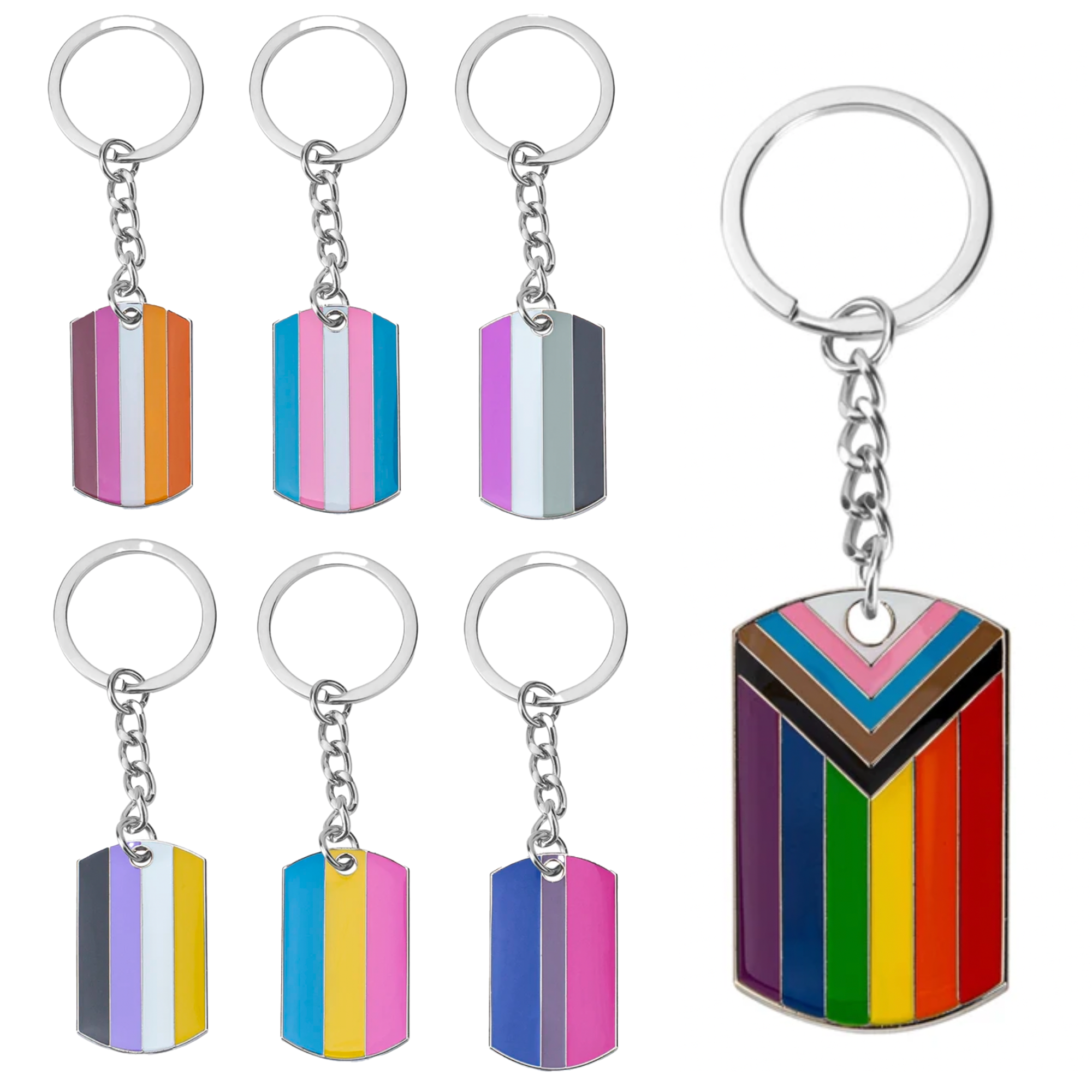 Progress Pride LGBTQI+ Flag Dog Tag Keyring | Metal Enamel