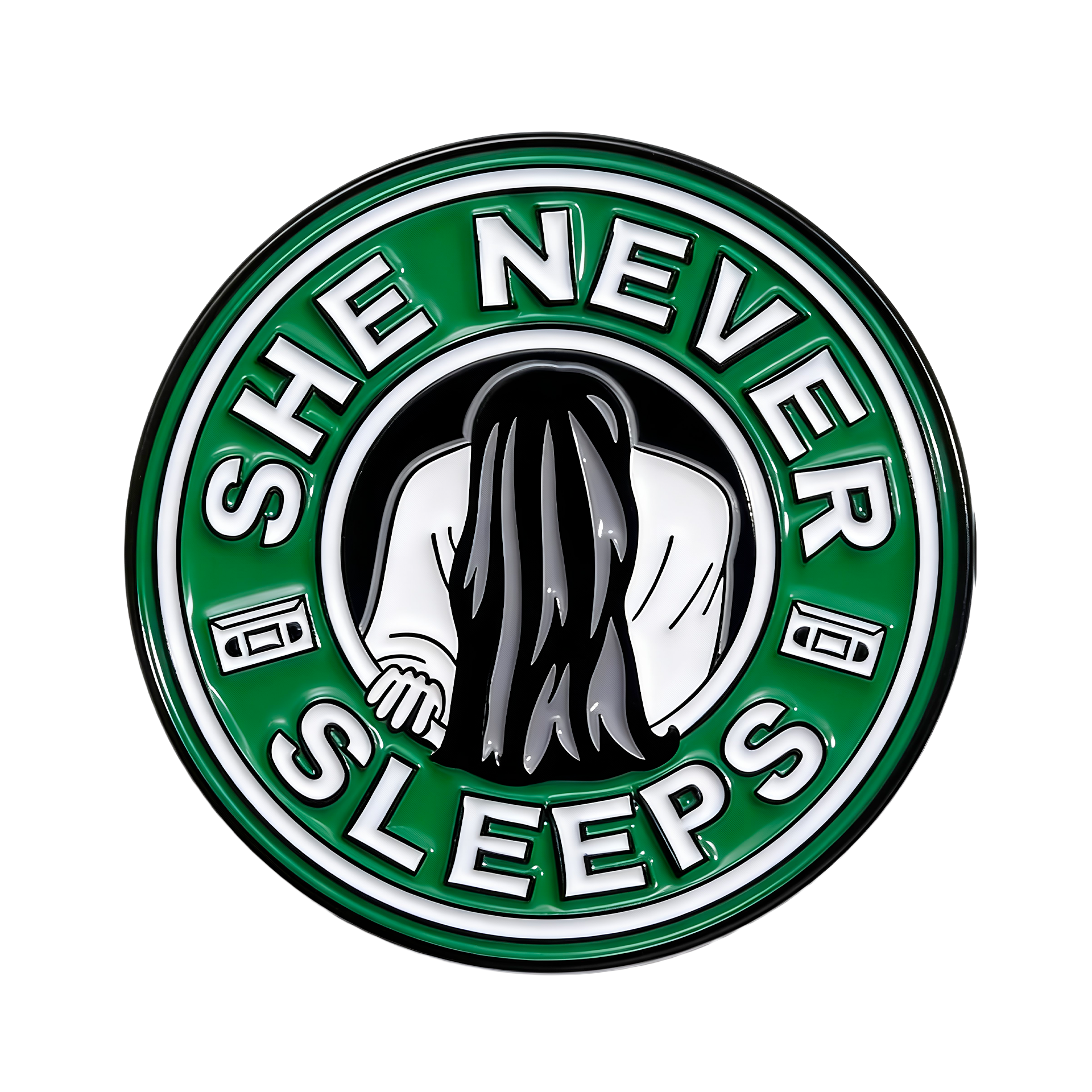 She Never Sleeps Coffee Horror Pin Badge