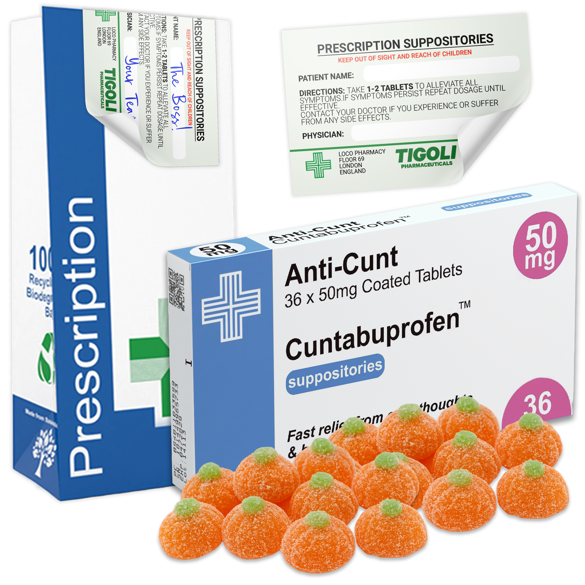 Caramelos de broma con receta médica anti-coños, 36 g | Veganos y vegetarianos