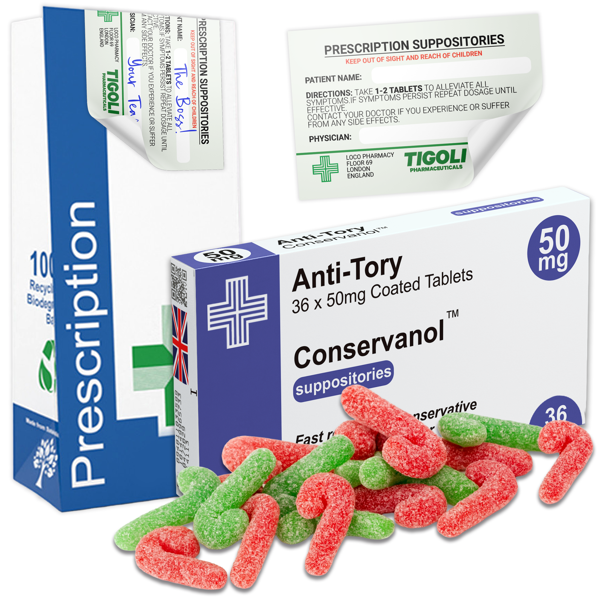 Caramelos de broma con receta médica anti-coños, 36 g | Veganos y vegetarianos