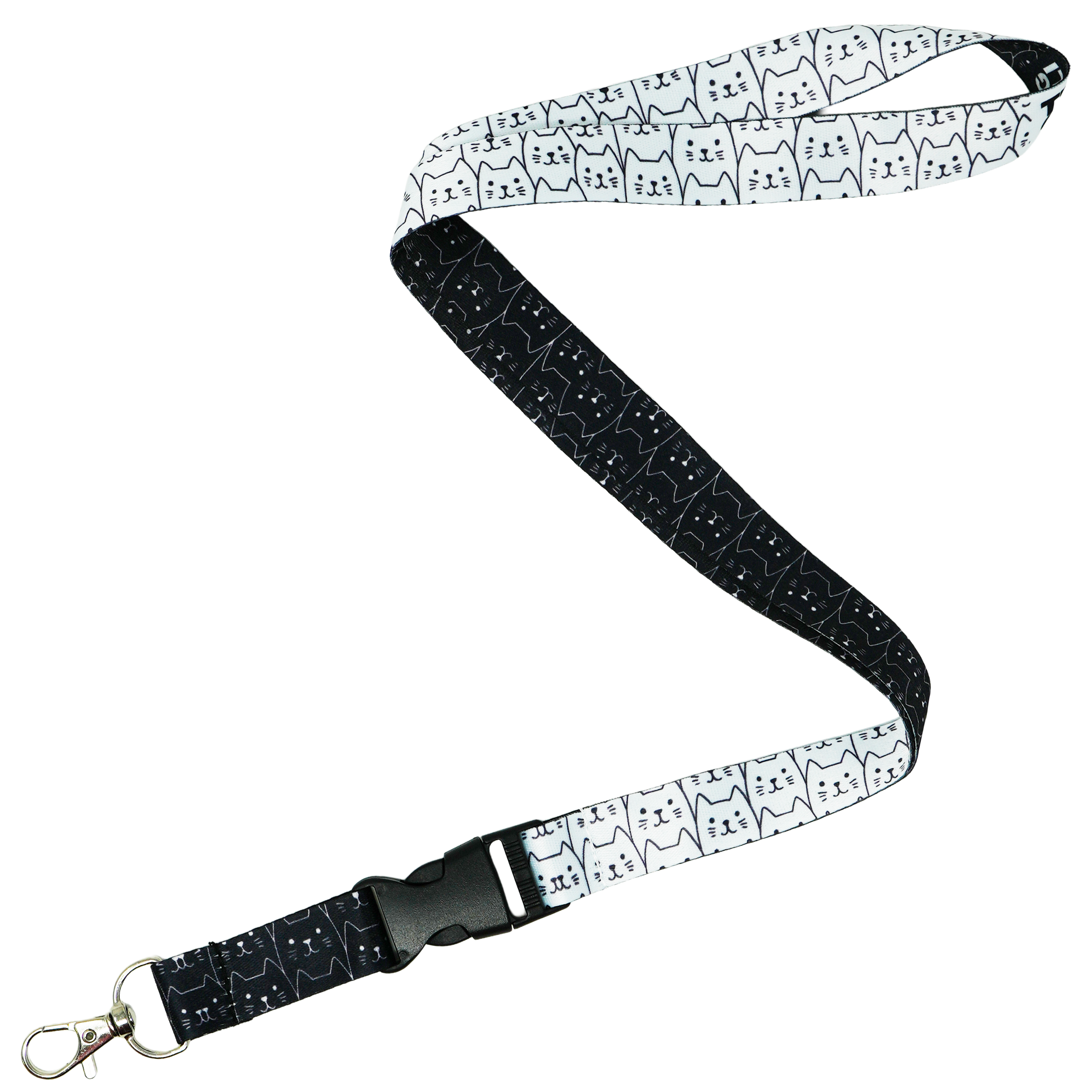 Black & White Cat Faces Lanyard – Minimalist Cat Print Double-Sided Neck Strap