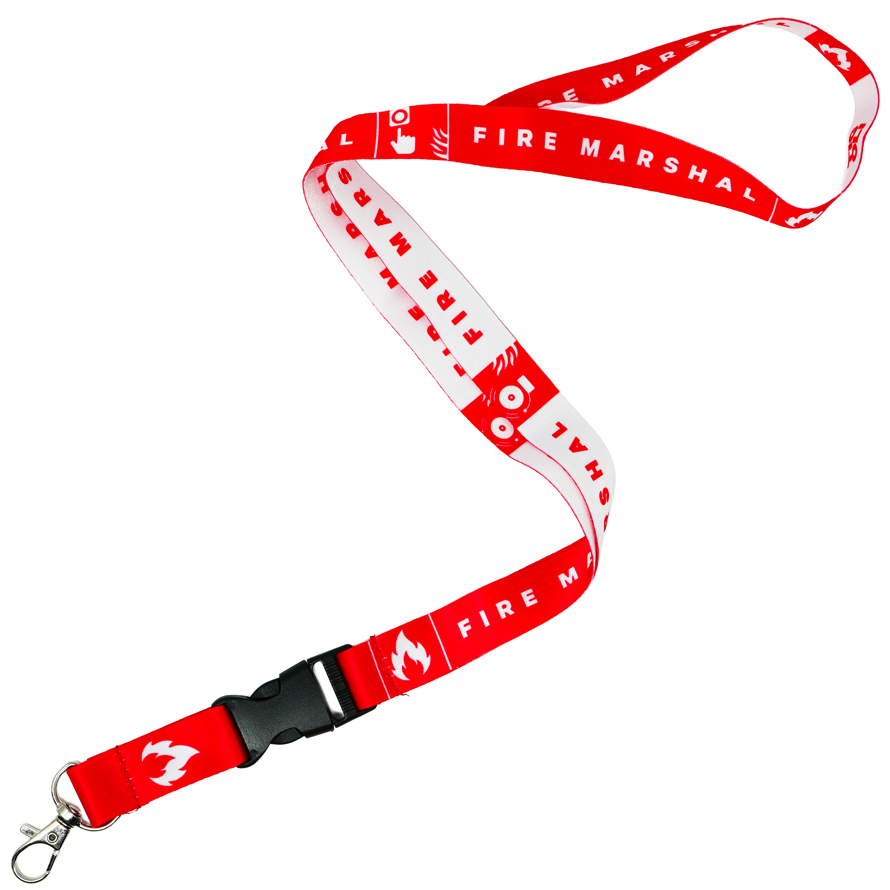 Fire Marshal Lanyard – Red & White Safety Neck Strap with Fire Icons