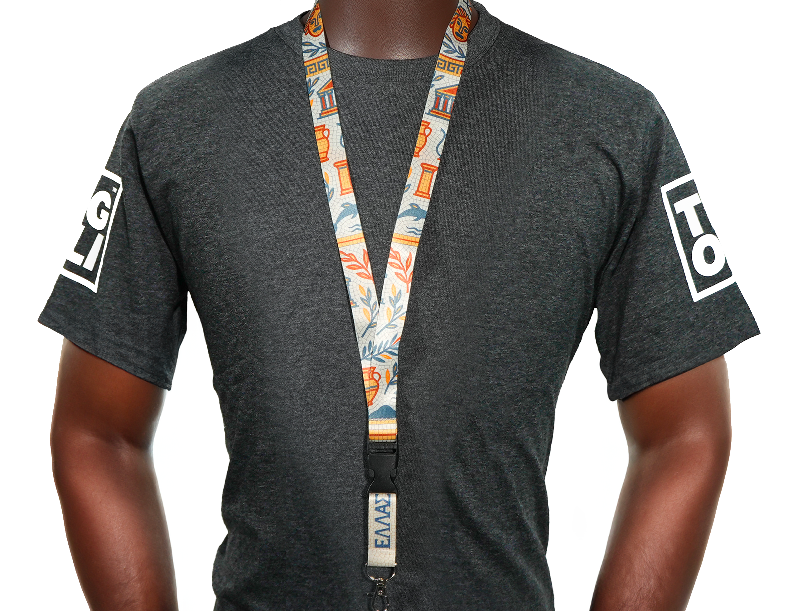 Greece Lanyard – Greek Mosaic “Ελλάς” Design with Olive Branch & Blue Meander Pattern