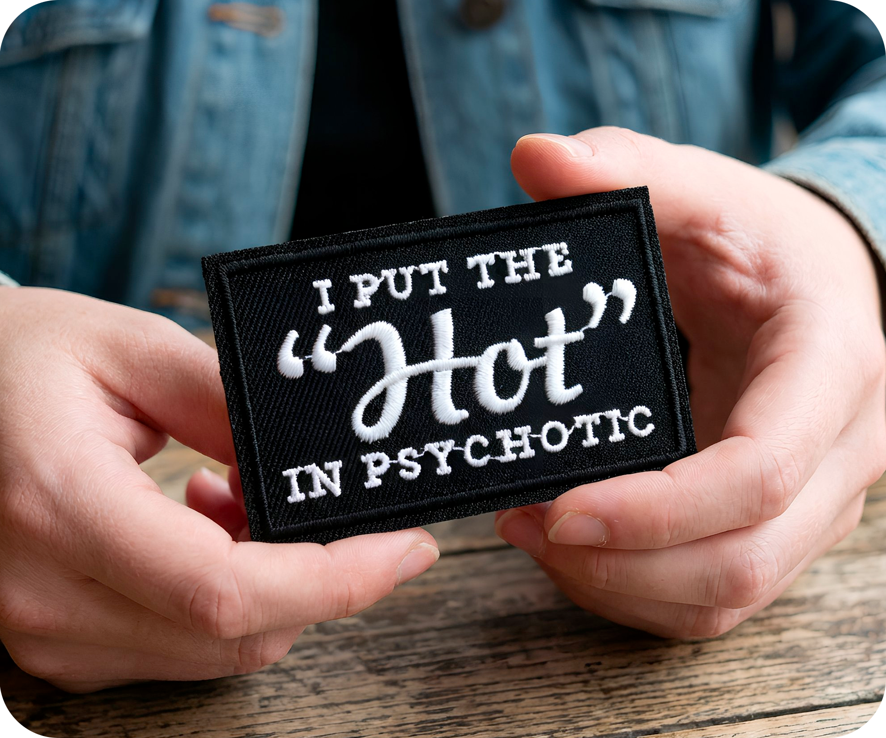 I Put The Hot In Psychotic Black Iron On Patch (7.8 x 5cm)