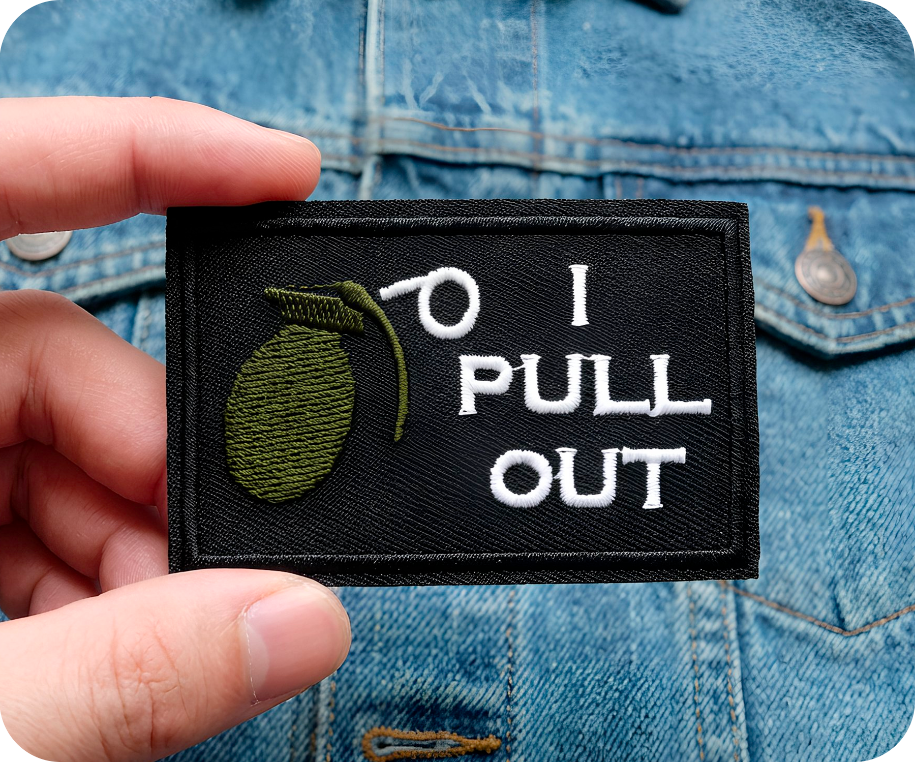 I Pull Out, Grenade Funny Black Iron On Patch (7.8 x 5cm)