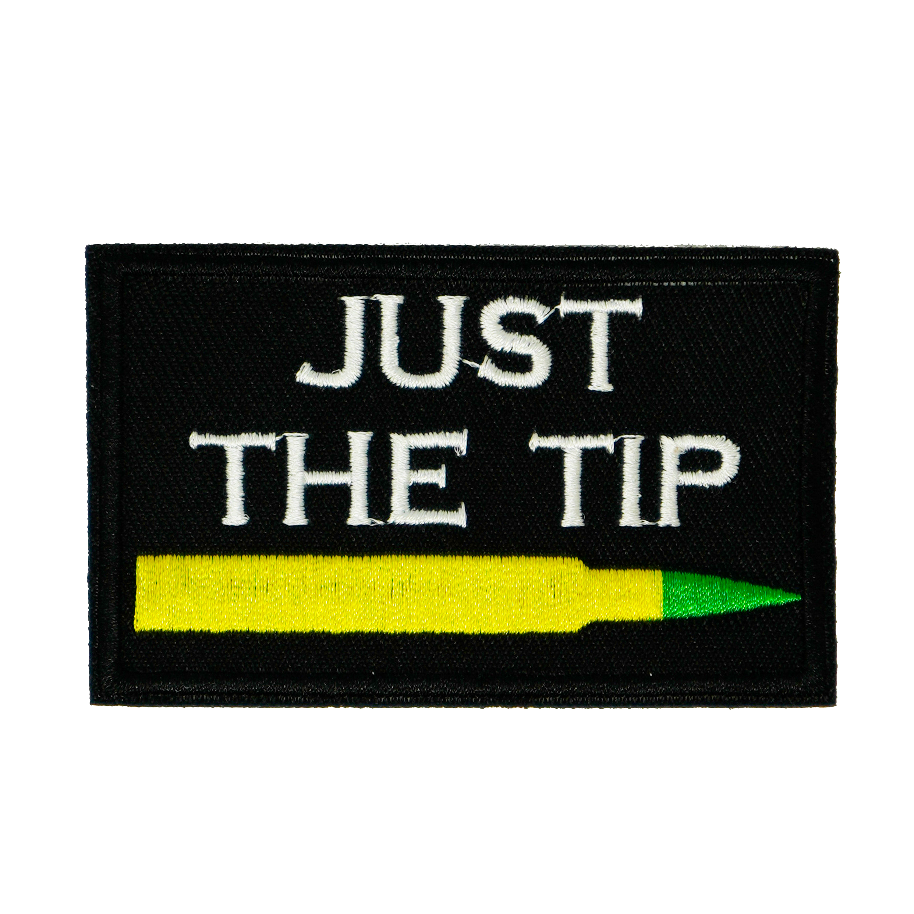 Just The Tip Bullet Funny Black Iron On Patch (7.8 x 5cm)