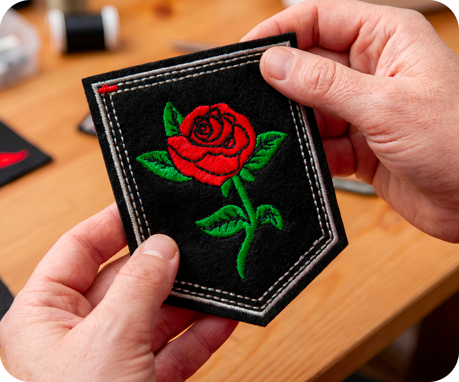 Red Rose Large On Stem & Black Shield Iron On Patch (9 x 7.6cm)