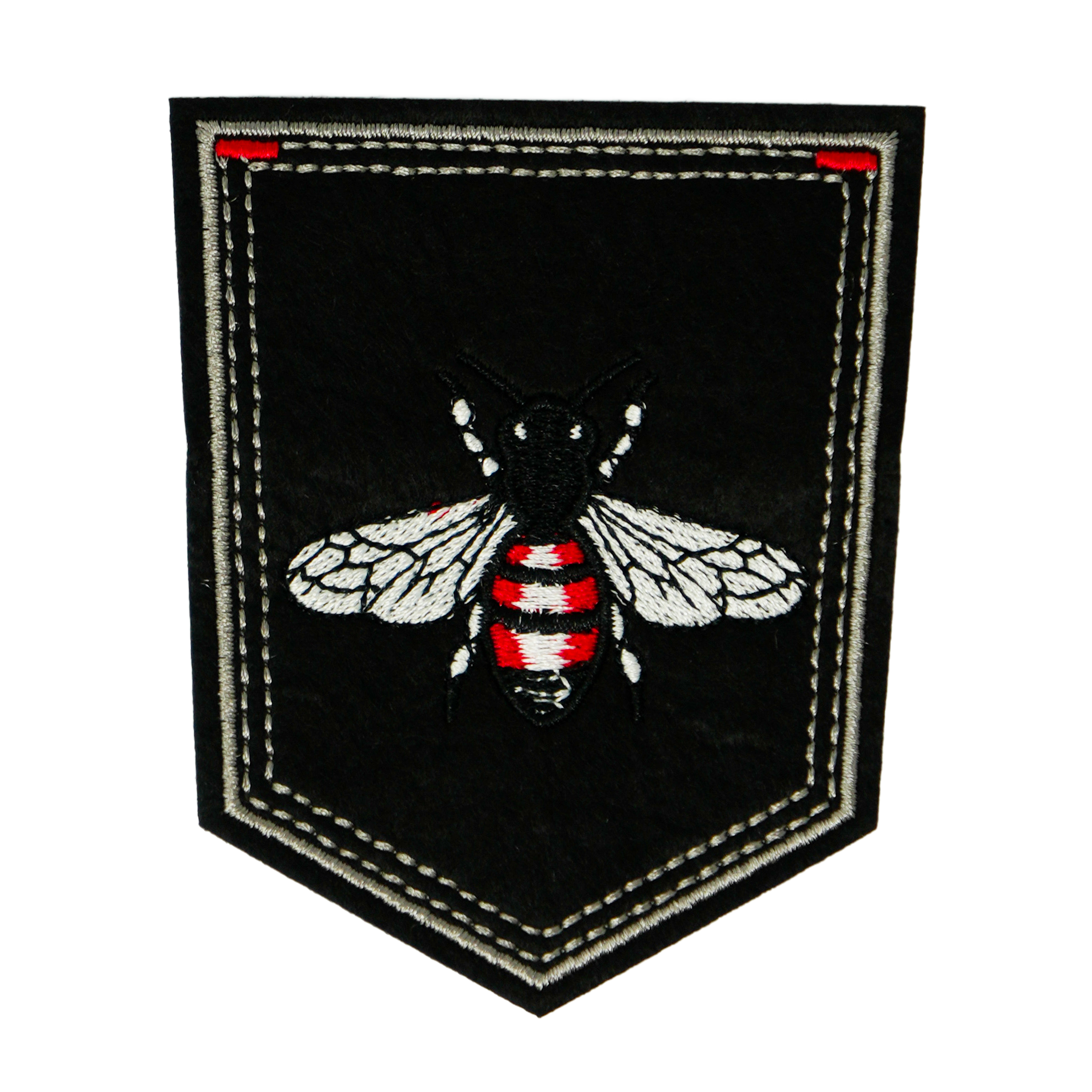 Red Bumblebee On Black Shield Iron On Patch (9 x 7.5cm)
