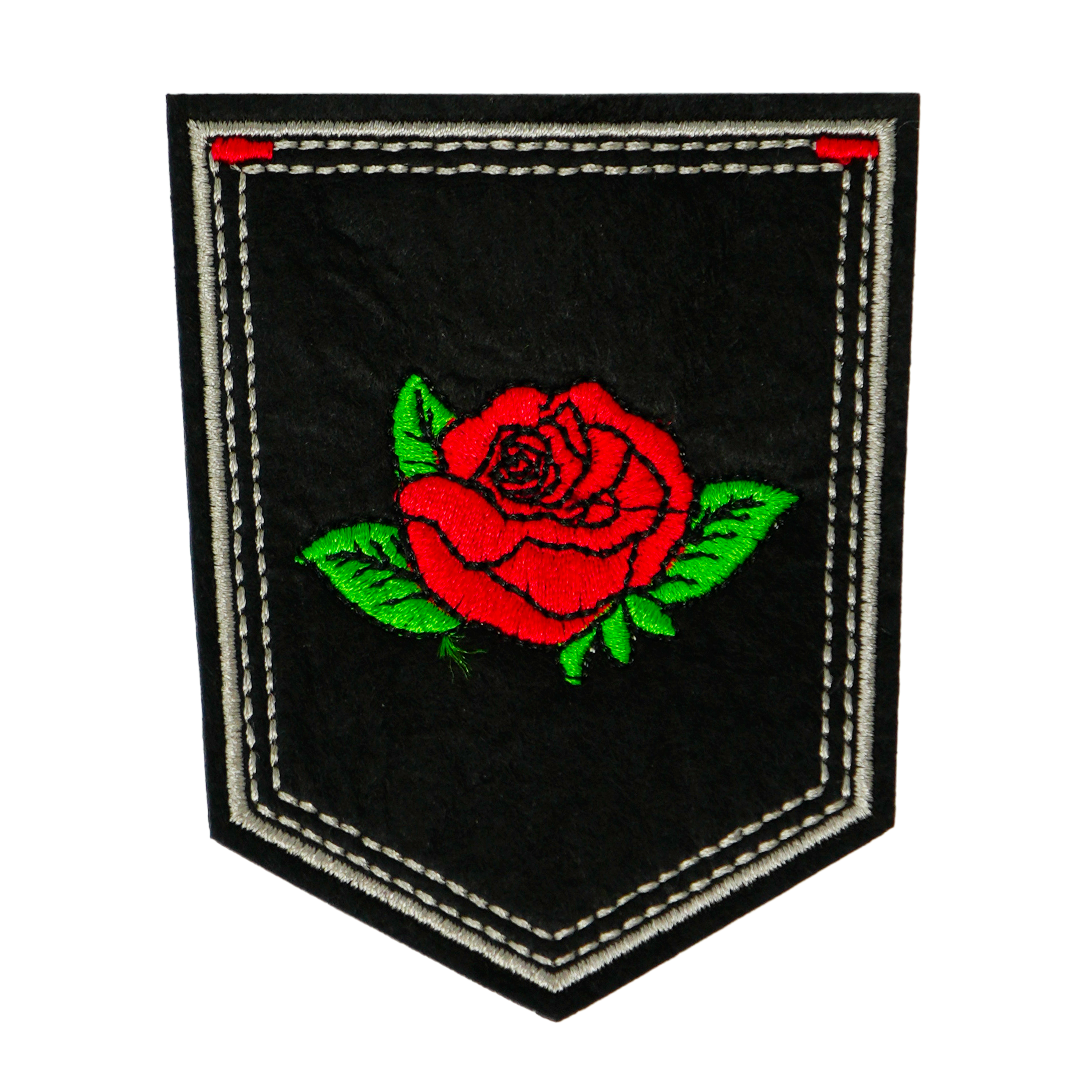 Red Rose Bud Flower Shield Black Iron On Patch (9 x 7.6cm)
