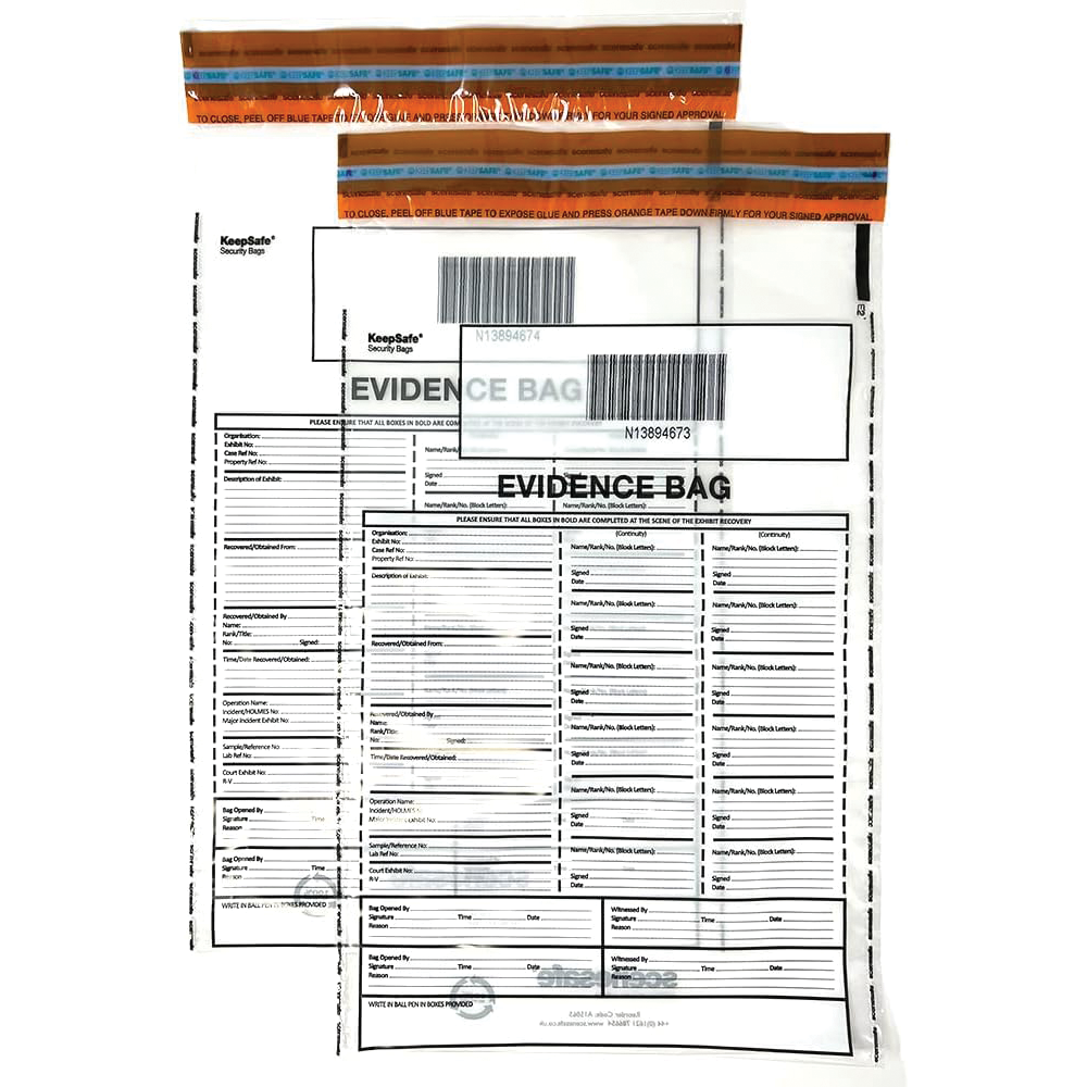 A pack of evidence bags with a genuine seal, designed for use in parties or theatrical settings, displaying a barcode and placebo labels. © Tigoli® 2026 All Rights Reserved Panda Loco Ltd  Main image